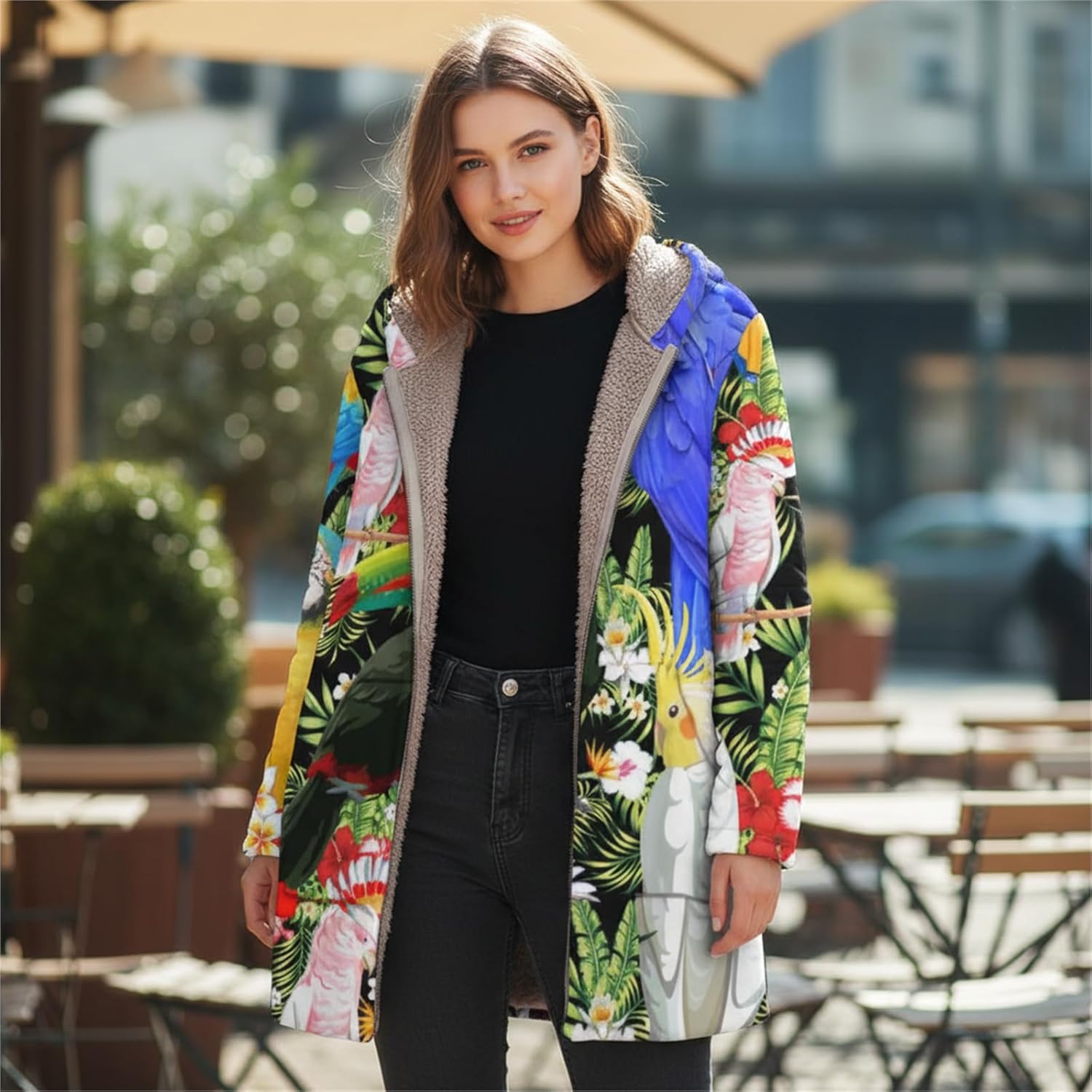 Women's Winter Printed Hooded Fleece-Lined Coat Boho Warm Zip-Up Long Sleeve Sherpa Outerwear Jacket with Pockets - Image 2