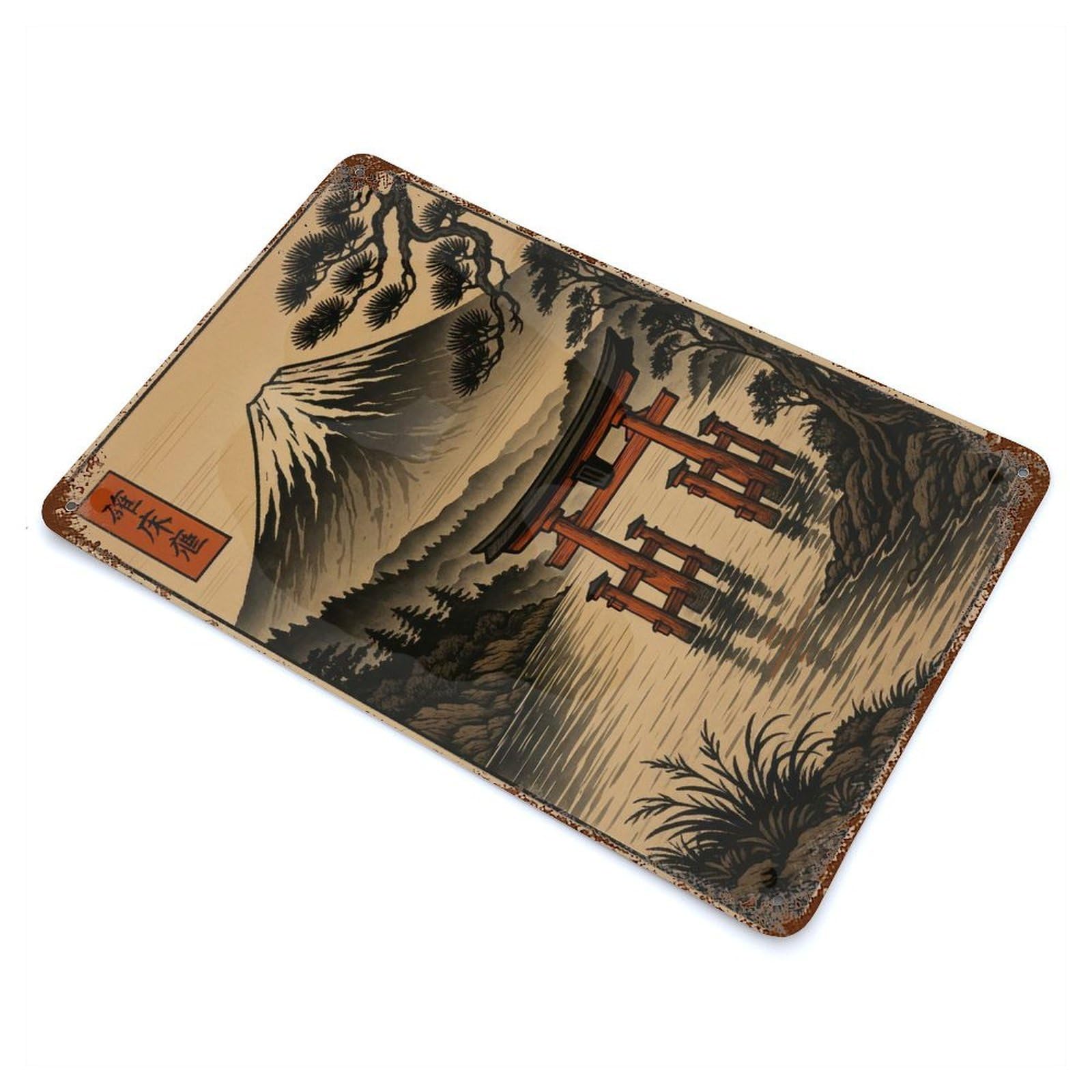Garage Style Japanese Landscape with Torii Gate And Mountain Distressed Metal Wall Sign 11.8"x7.9", Novelty Wall Decor for Bar And Workshop