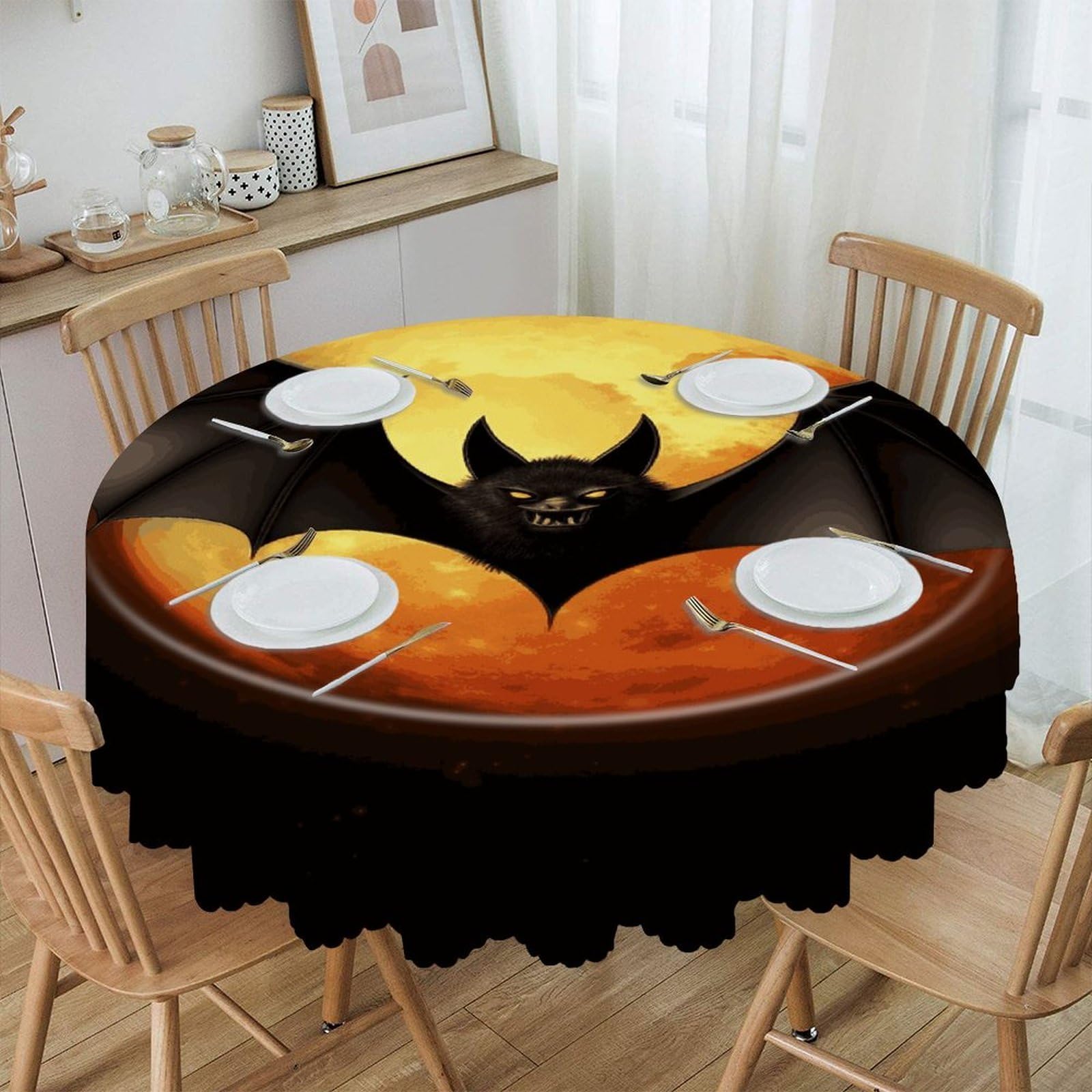 Btcowzrv Style Halloween Bat Polyester Round Tablecloth 59.84 Inch, Decorative Washable Table Cover, Table Cloth For Restaurant Picnic Indoor And Outdoor Dining