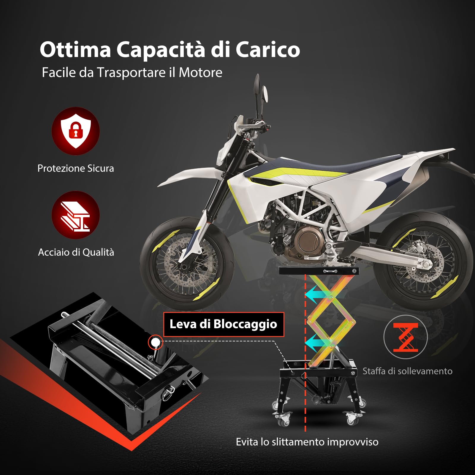 VIVOHOME Sollevatore Idraulico per Moto Fino a 160KG con Azionamento a Pedale Sollevatore a Pantografo per ATV Dirt Bike con 4 Rotelle