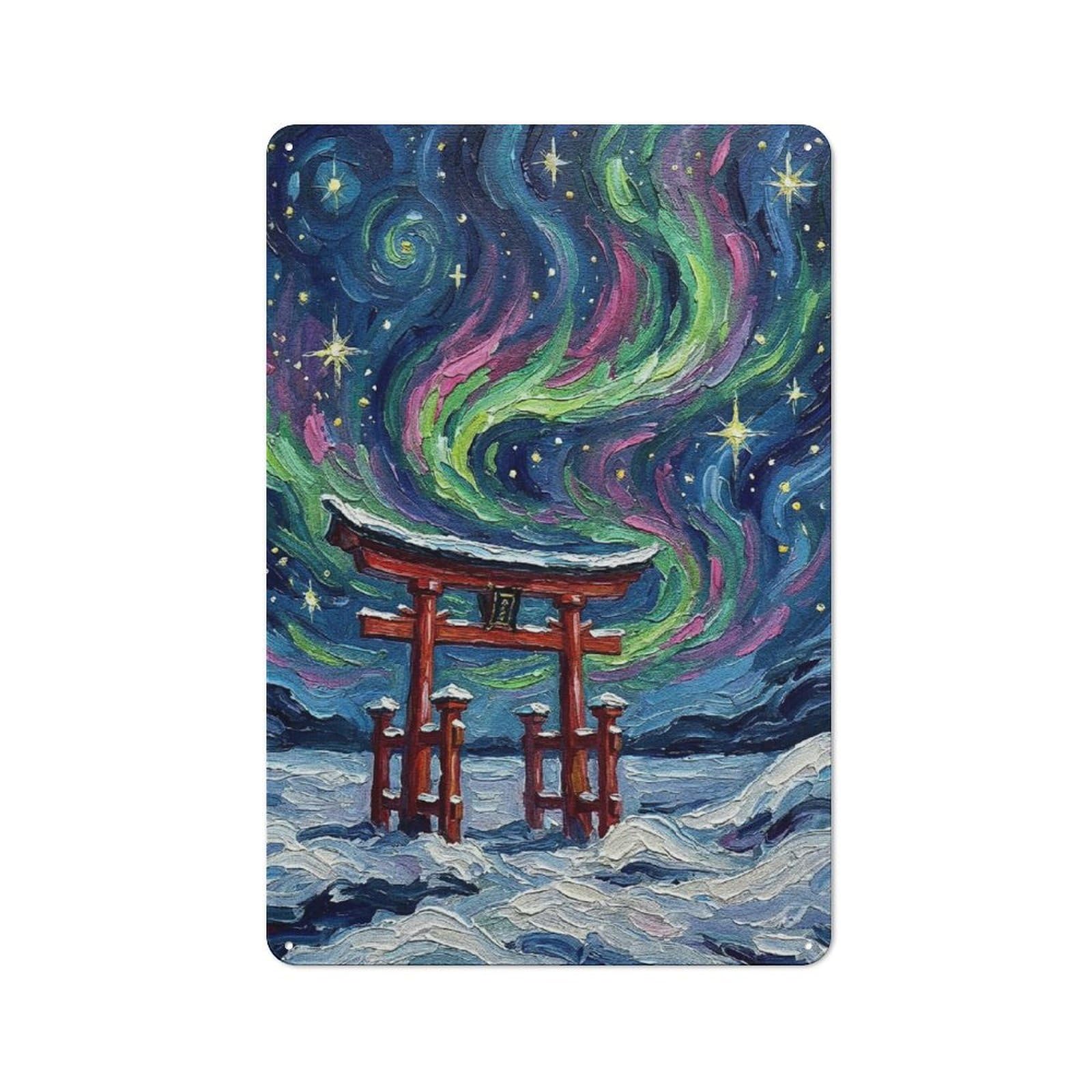 Junmoney Style-16 Tin Wall Plaque 30X20cm With Torii Gate Under Aurora Borealis Painting For Hallway Wall, A Decorative Metal Sign For Hallways And Entrance Areas