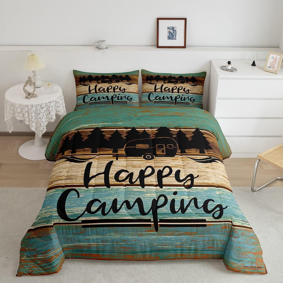 Erosebridal Happy Camping Bedding Vintage Camper Queen