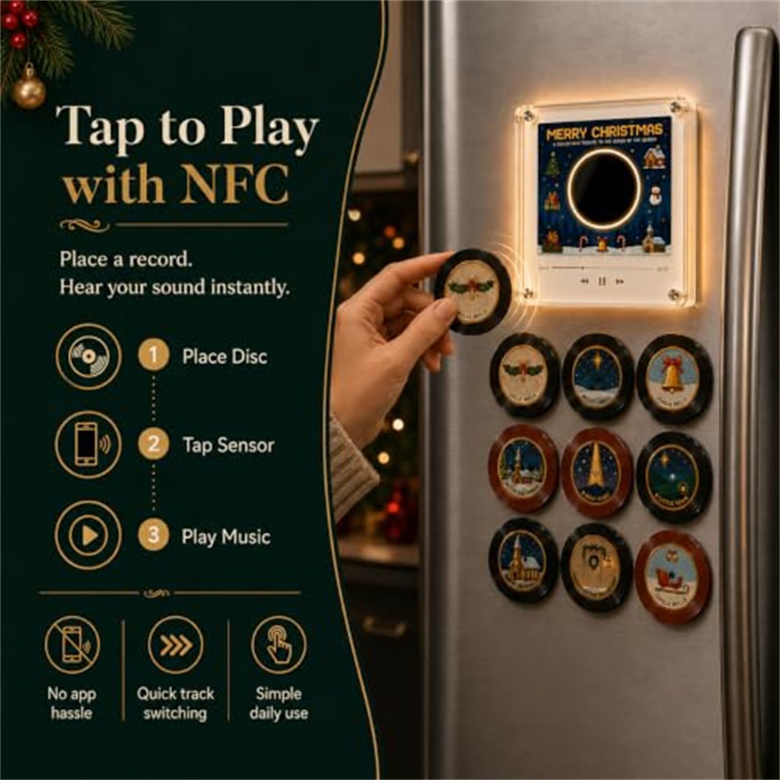 Mini Reproductor de Vinilo navideño con 9 Discos, imán para Nevera (#A)