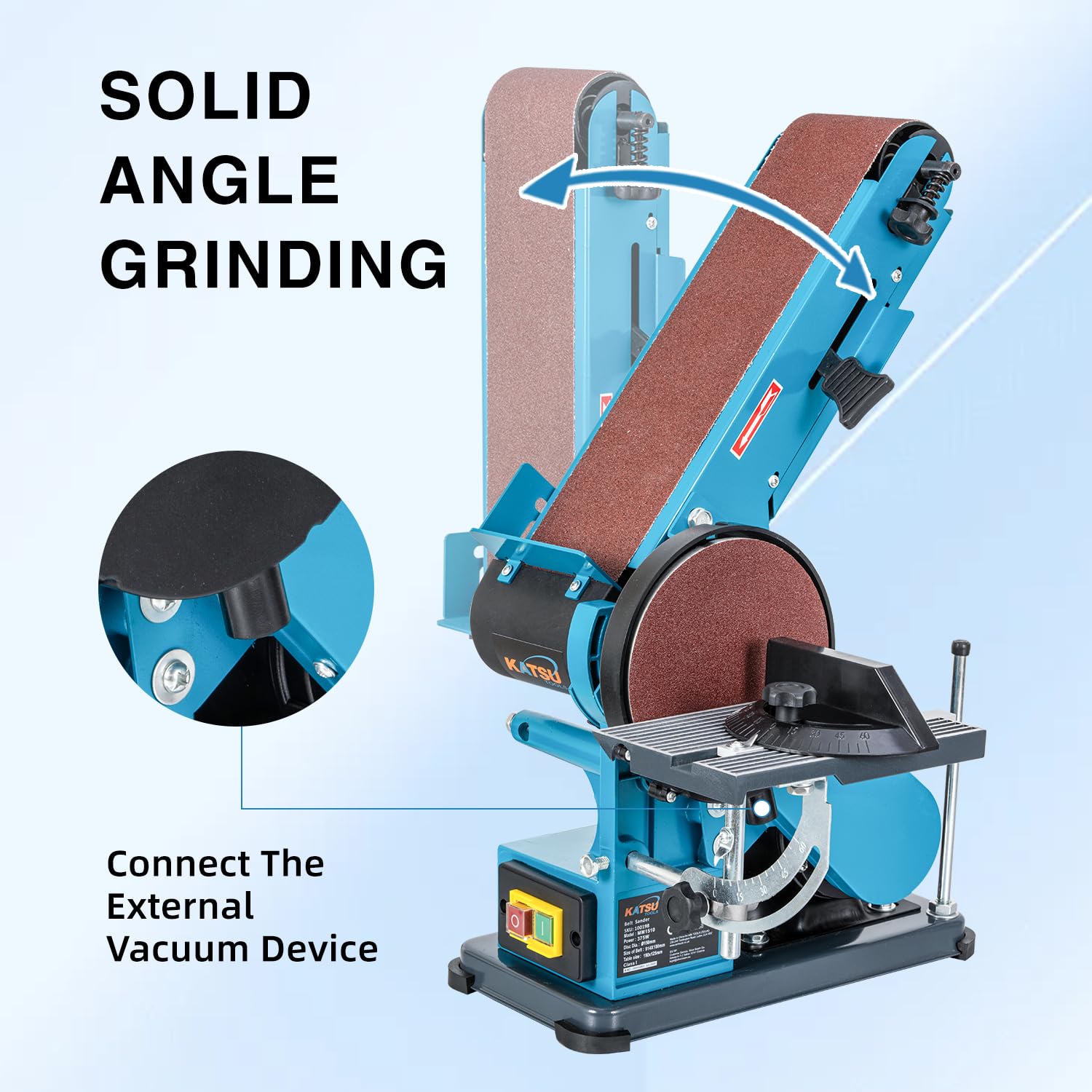 KATSU Tools Lijadora de banda y disco 375 W – disco 150 mm, banda 100×914 mm, mesa ajustable, extracción polvo, madera/metal/plástico | Mesa ajustable y extracción de polvo, ideal para madera y metal, acabado preciso, modelo 100198