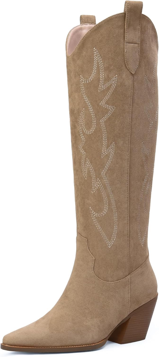 iiimmu Cowgirl Boots Women Knee High Boots Pointed Toe