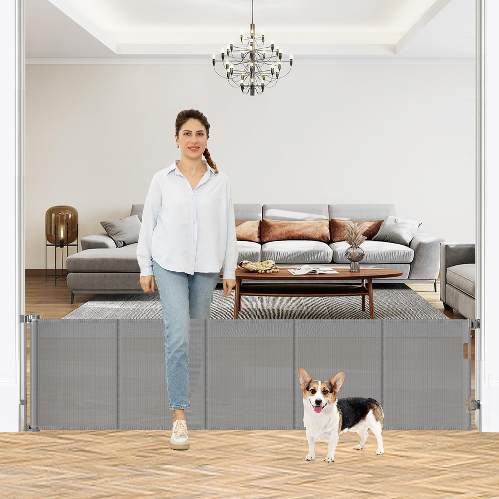 Extendable Dog Gate for House Short Baby Gate to Climb Over Reinforced Mesh Puppy Gate for Doors Stairs Indoor/Outdoor Grey