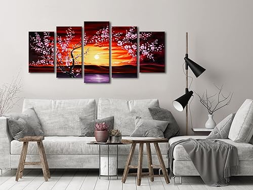 Miniatura 3 de Wieco 5 paneles de árbol de ciruelas florecidos sobre lona arte contemporáneo abstracto floral para decoración del hogar Art Deco Rojo
