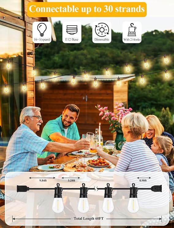 Brightever 100FT ST38 Outdoor String Lights with 60FT S14 LED String Lights