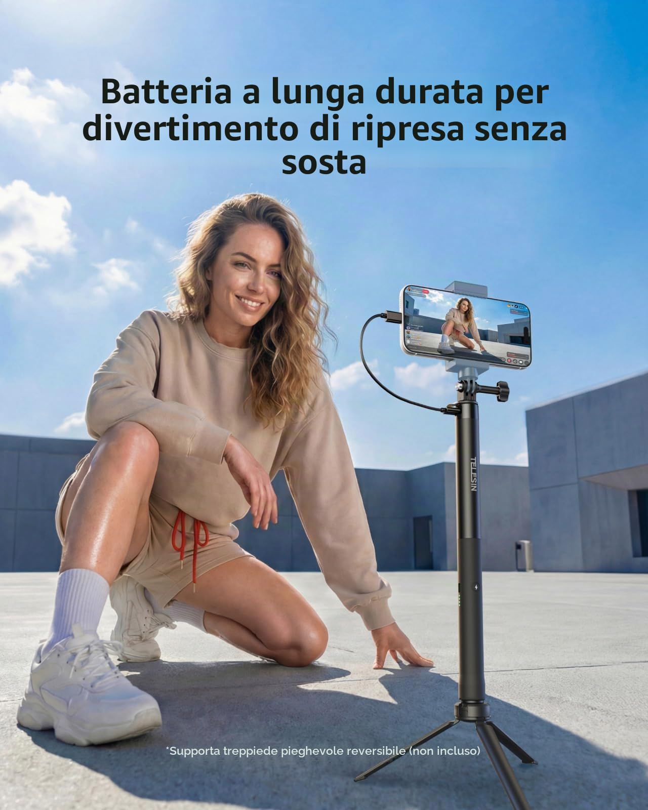 TELESIN 102 cm Ricaricabile Selfie Stick Estensione Monopiede con maniglia di ricarica 5000 mAh Power Bank Maniglia di ricarica per GoPro 13-9 Insta360 DJI Osmo Action 6 5 Pro 4 3 & iPhone & Android