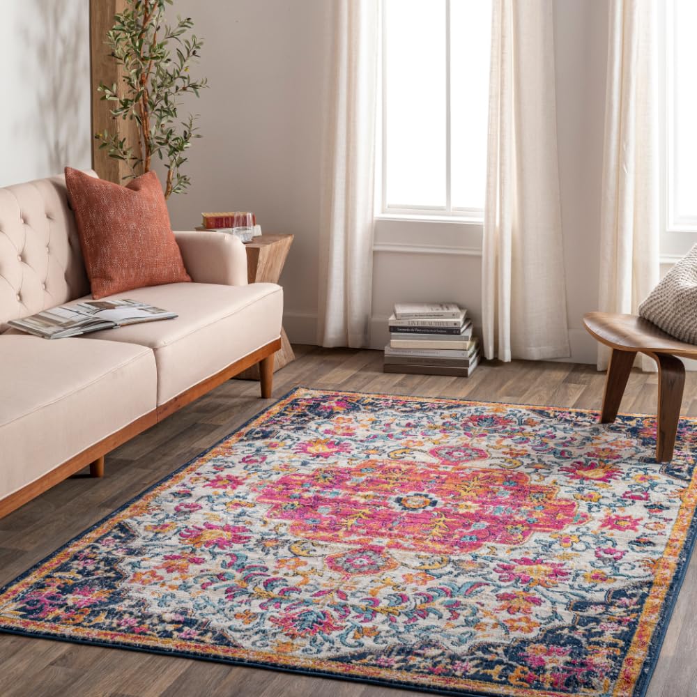 Livabliss Chinu Erfoud Vintage Style Floor Covering 160x215 cm – Traditional Boho Pattern for Living Room, Dining & Kitchen, Easy Care, Orange, Fuchsia, Navy & Beige