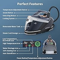 Vista 4 de Steam Station for Clothes with LED Screen, 1800W Steam Iron Ceramic Soleplate, Auto Shutoff, Self-clean, Anti-drip, 50.72oz Removable Water Tank