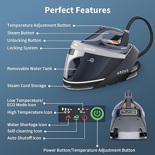 Miniatura 4 de Estación de vapor para ropa con pantalla LED, placa de cerámica de plancha de vapor de 1800 W, apagado automático, autolimpieza, antigoteo, tanque