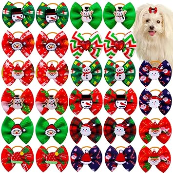 Masue Pets 20pcs/Pack Dog Hair Bows for Christmas with Rubber Bands Dog Bows Bowknot Snowman Snowflakes Christmas Dog Bows Snowman Dog Topknot Bows Pet Grooming Products
