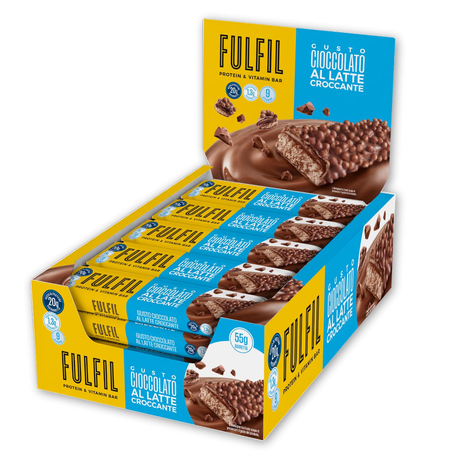 FULFIL - 15 Barrette Proteiche da 55 Grammi, Gusto Cioccolato Croccante al Latte con 9 Vitamine e Pochi Zuccheri, Confezione da 825 Grammi