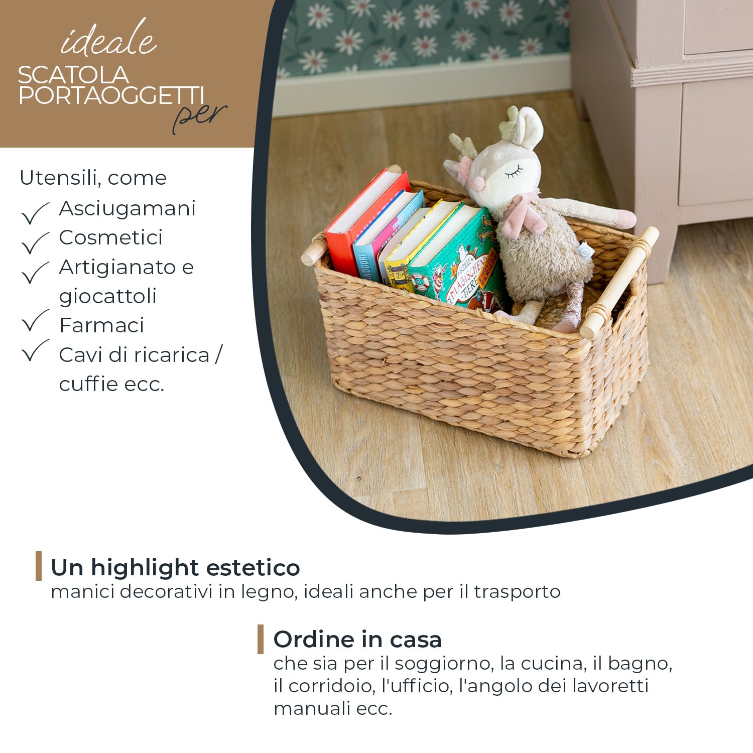 HMF Cesto portaoggetti intrecciato in giacinto d'acqua, Cesto decorativo con manici in legno per riporre oggetti in bagno, soggiorno, cucina | 37 x 22 x 20 cm | naturale