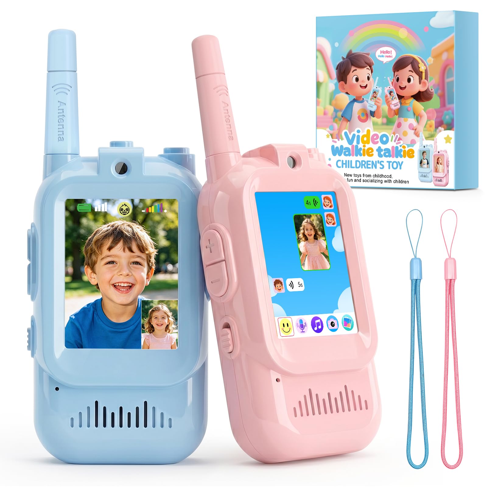 Kids Walkie Talkies with Video Call &amp; Camera, Rechargeable Video Walkie Talkies for Kids, Photo Sharing, Voice Messaging, Music, Outdoor Adventure Toys for Boys Girls Age 3-12 (Blue &amp; Pink Pro)
