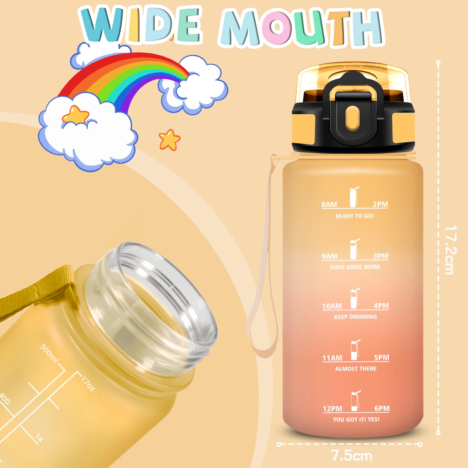 Borraccia- 0,5 litri- Borraccia Bambini, Borracce con Cannuccia, Senza Perdite, Water Bottle Motivazionale, Facile da Pulire, Bottiglia con Orari per Bere, Con Chiusura di Sicurezza, per Sport, Corsa