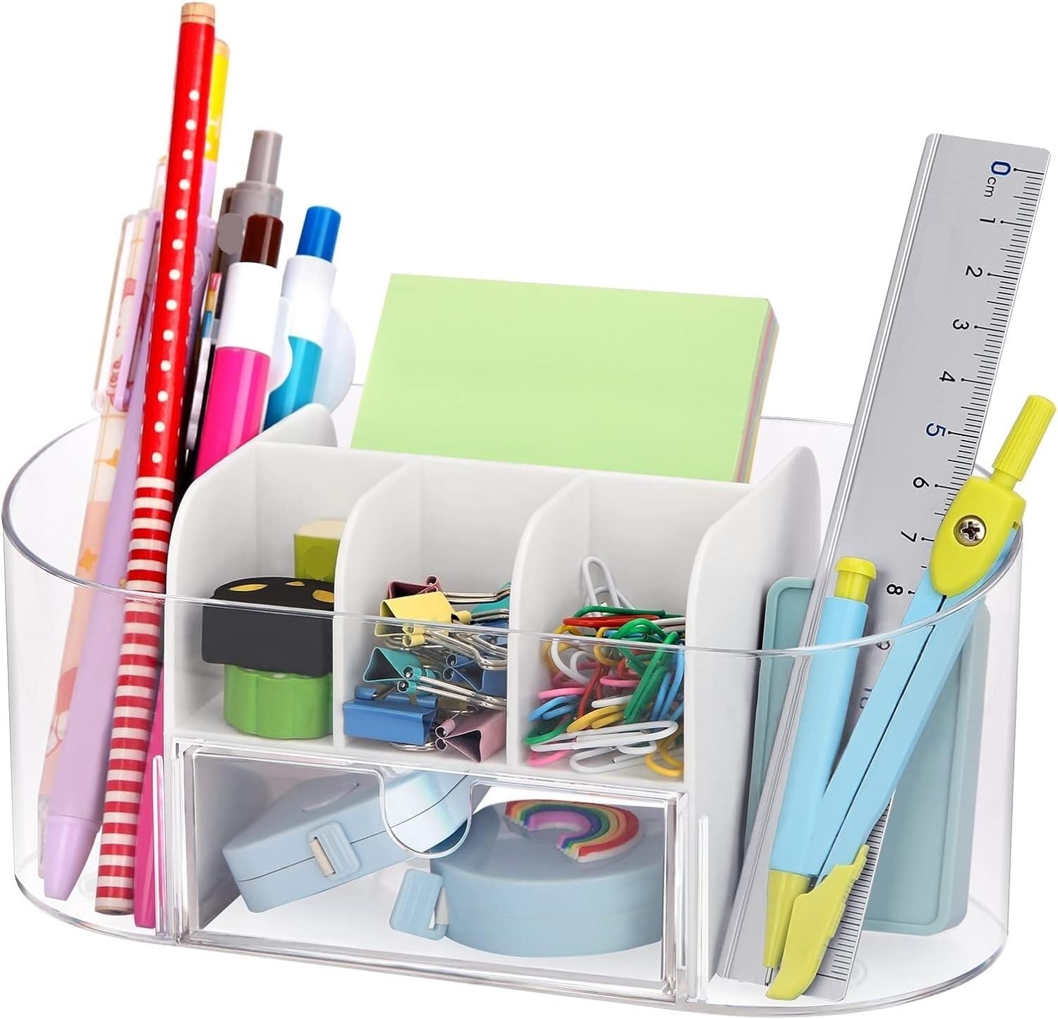 Organizzatore Scrivania Organizer da Scrivania Trasparente con Cassetto, Portapenne in Acrilico, Pennarelli, Forniture per Ufficio Trasparenti Ufficio(Pink)
