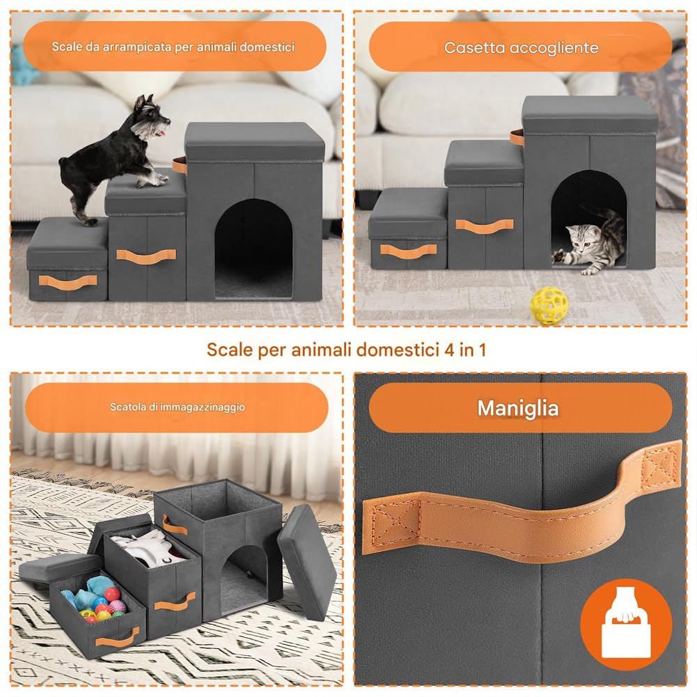 BAKAJI Scale per Cani e Gatti 3in1 Pieghevole in Velluto Olandese Grigio, Scala per Animali Domestici Multifunzione, Scaletta Vano Contenitore e Cuccia Casetta, Gradini Ergonomiche, Fondo Antiscivolo