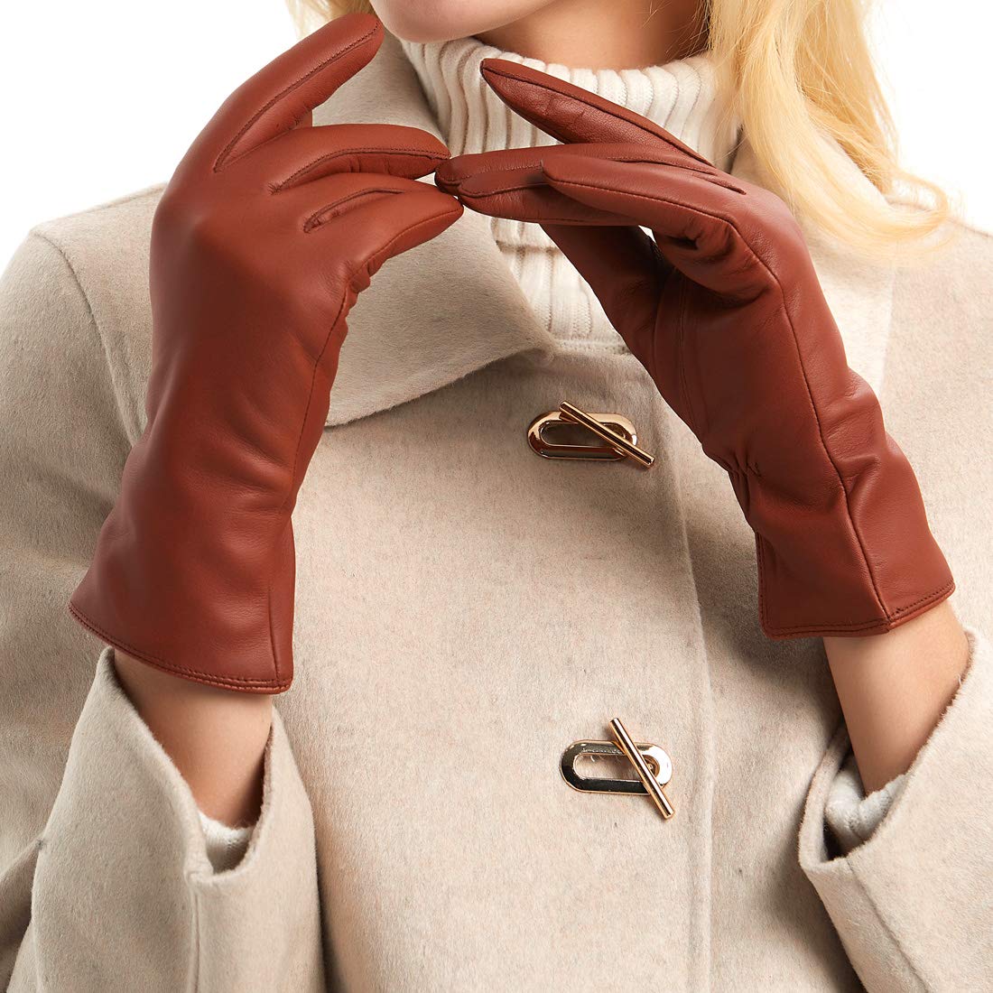 MGGMOKAY Womens Winter Leather Gloves Warm Cashmere Lined Touchscreen Driving Sheepskin Gloves,Cognac,XL