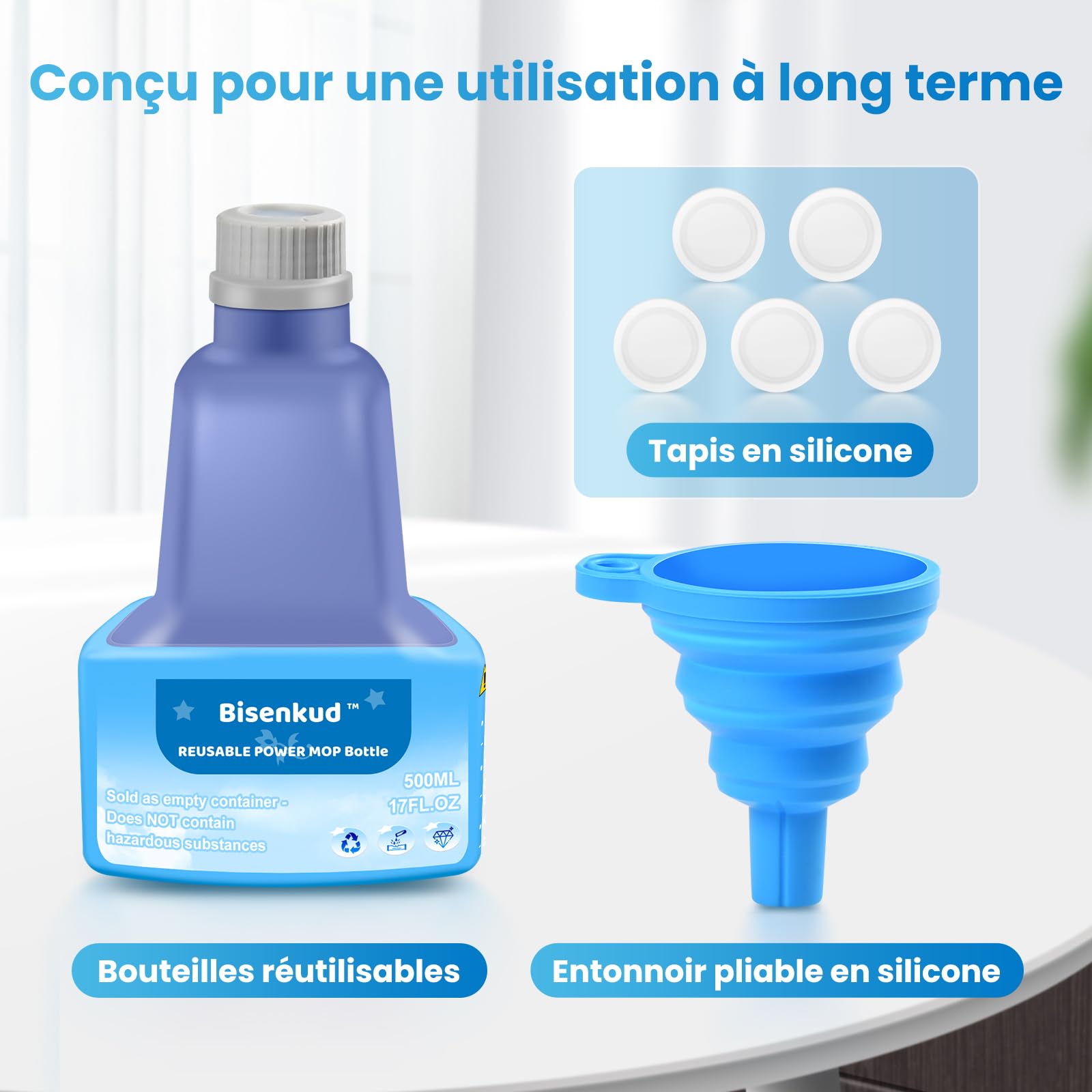 Bottiglia di ricarica riutilizzabile per Swiffer WetJet Kit Spray Mop, Bottiglia di ricarica da 500 ml, includere 1 bottiglia, 1 imbuto in silicone 5 guarnizione in silicone (non contiene agenti