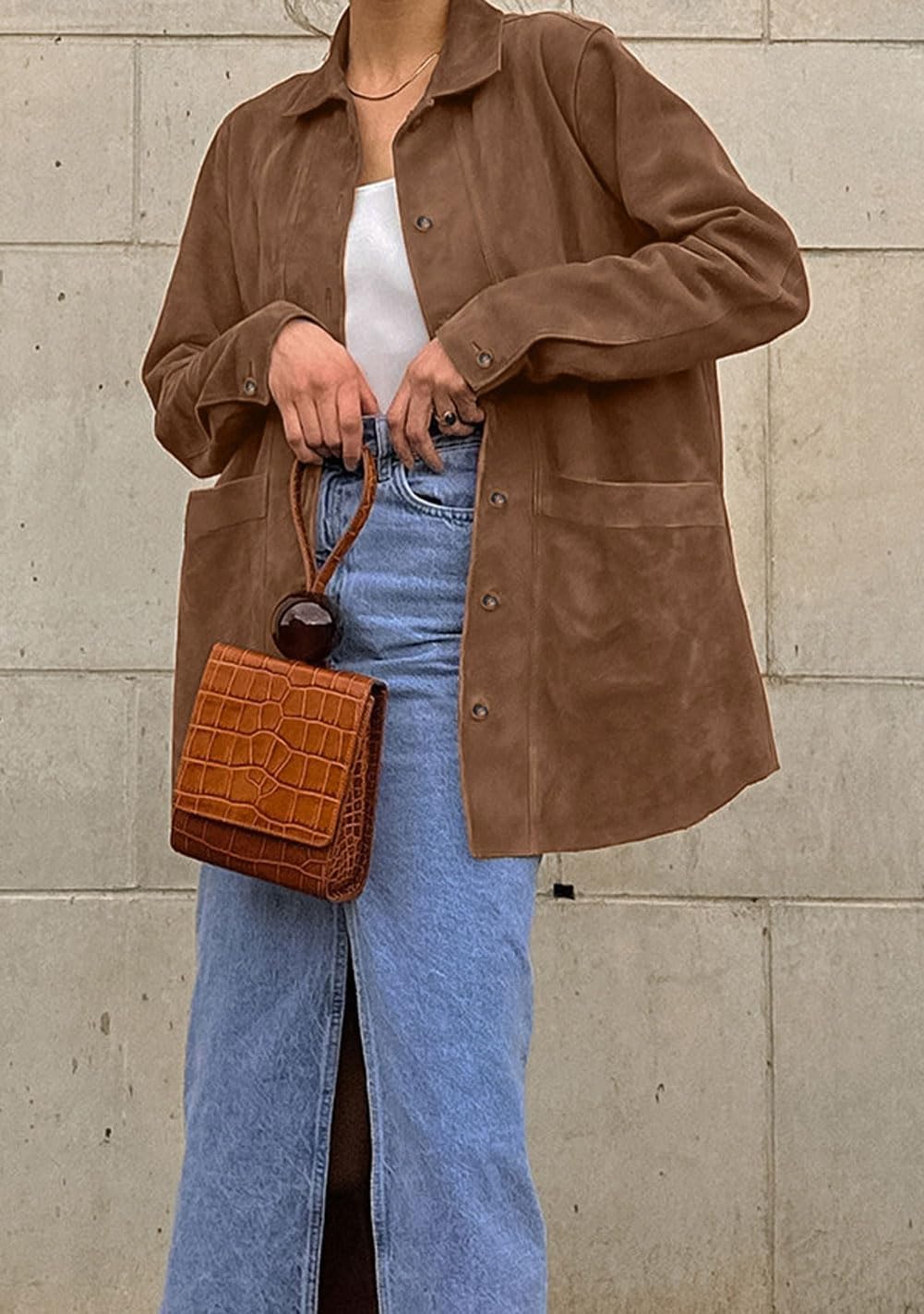 chouyatou Women's Faux Suede Leather Jacket Lapel Collar Button Down Faux Suede Leather Shacket Jacket - Image 3