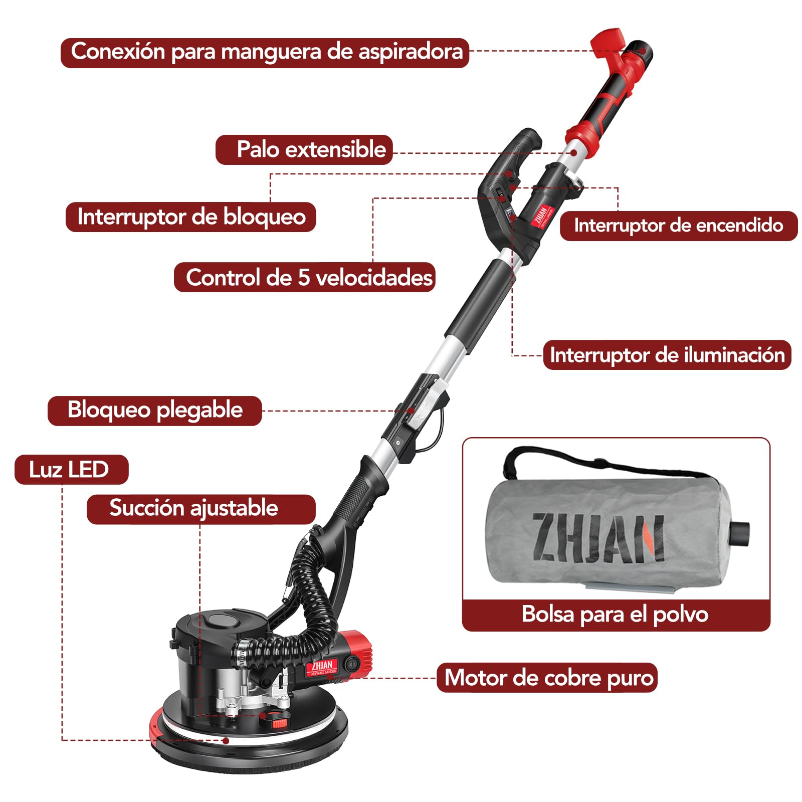 Lijadora Pared y Techo ZHJAN (880W) con Recogida de Polvo de Vacío, 1000-2100 RPM, Lijado en ángulo Muerto, Luz LED, Mango Extensible/plegable, 5 Velocidades,Para Techos Popcorn,Compatible Aspiradoras