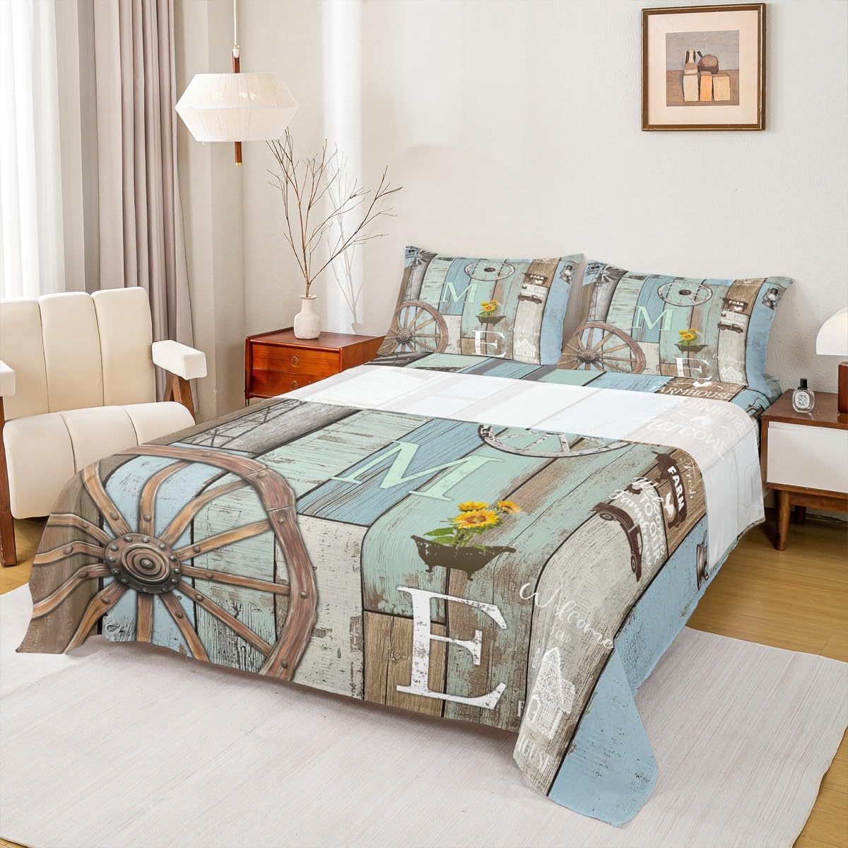 Rustic Farmhouse Cabin Bedding Set Retro Western Wooden Board Wheel Bed Sheets Queen Farm Animal Sunflower Sheet Set