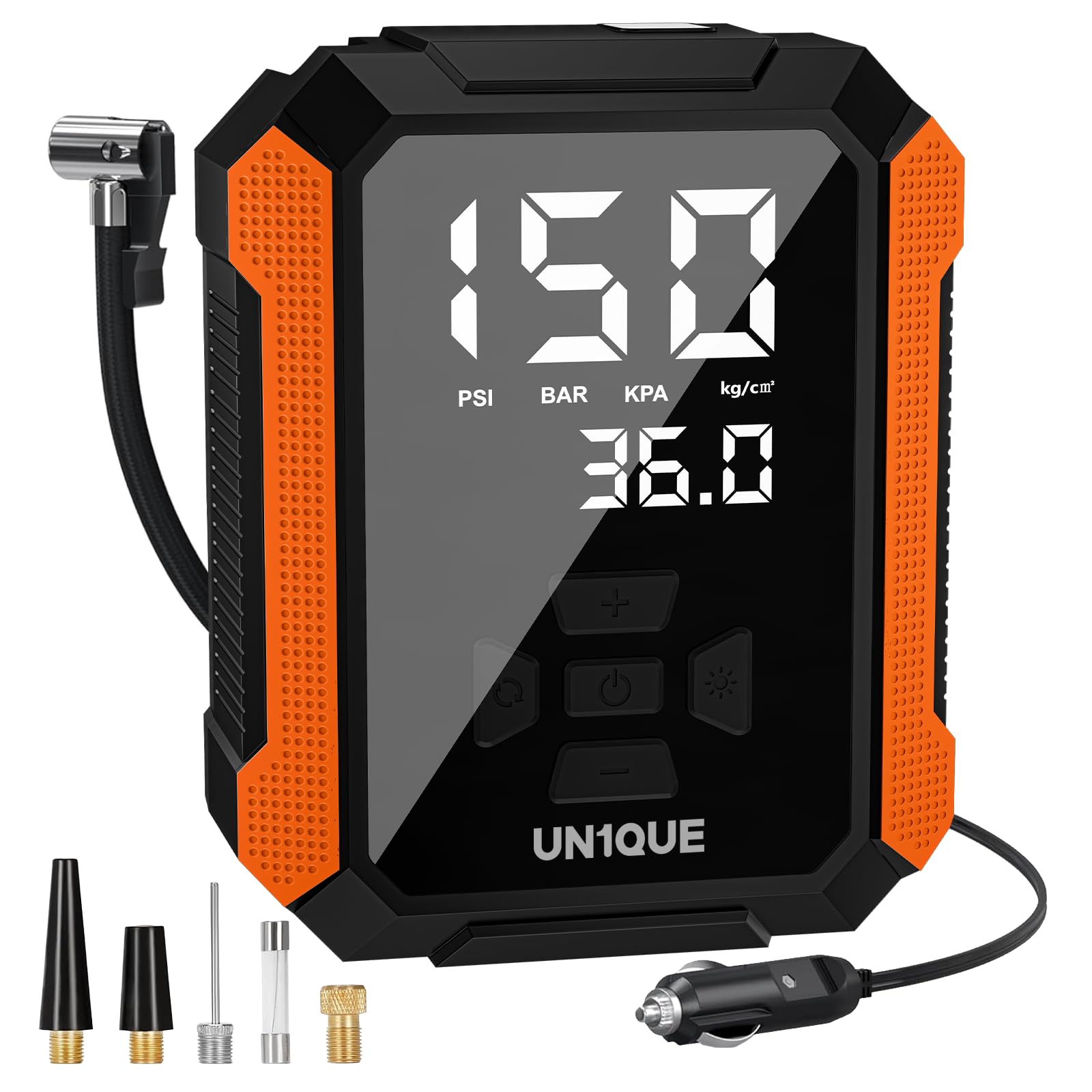 UN1QUE Digital Tyre Inflator for car, 150PSI Electric Car Air Pump, 12V DC Portable LCD Display Air Compressor, Fast Inflation Speed air inflator for car(Black-Orange)