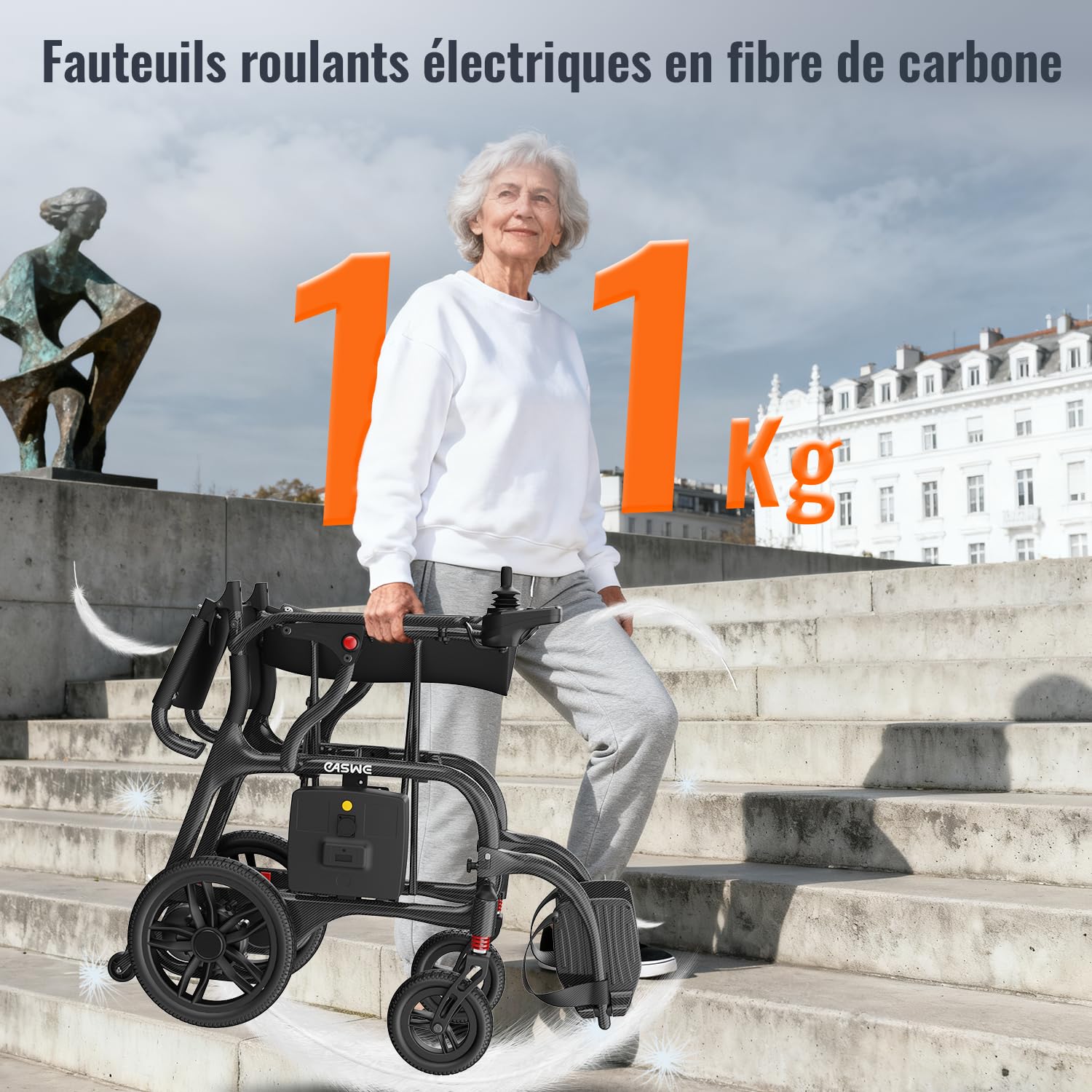 C30 Fauteuil Roulant Électrique Ultra Léger Pliable Tout Fibre de Carbone 11kg, Autonomie 25/50km, Moteurs Sans Balais 400W Batterie 24Ah, Fauteuil Roulant Transportable pour Adultes Âgées, Noir