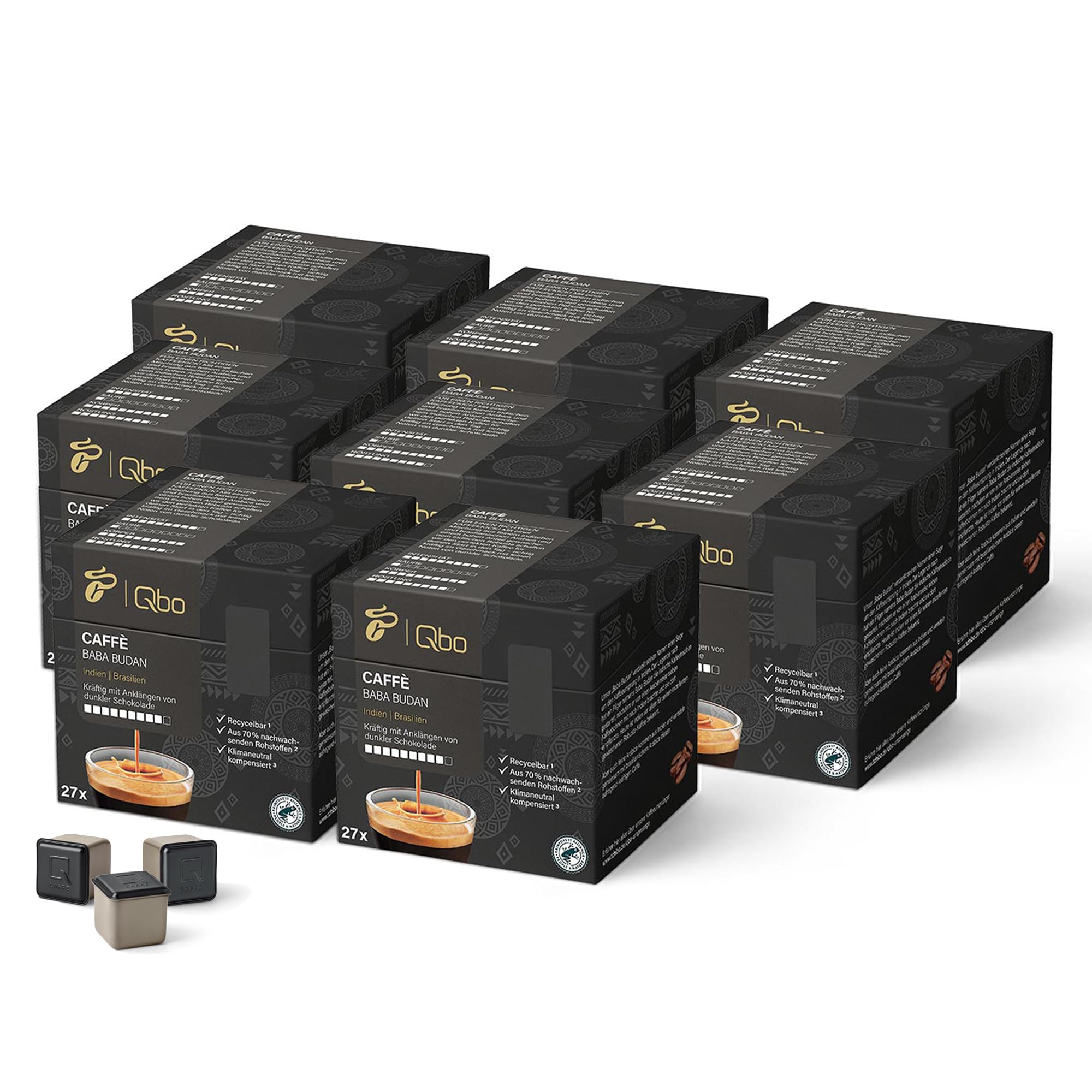 Tchibo Qbo Caffè Baba Budan Premium Kaffeekapseln, 216 Stück – 8x27 Kapseln (Caffè, Intensität 09/10, kräftig, Noten dunkler Schokolade), nachhaltig, aus 70% nachwachsenden Rohstoffen