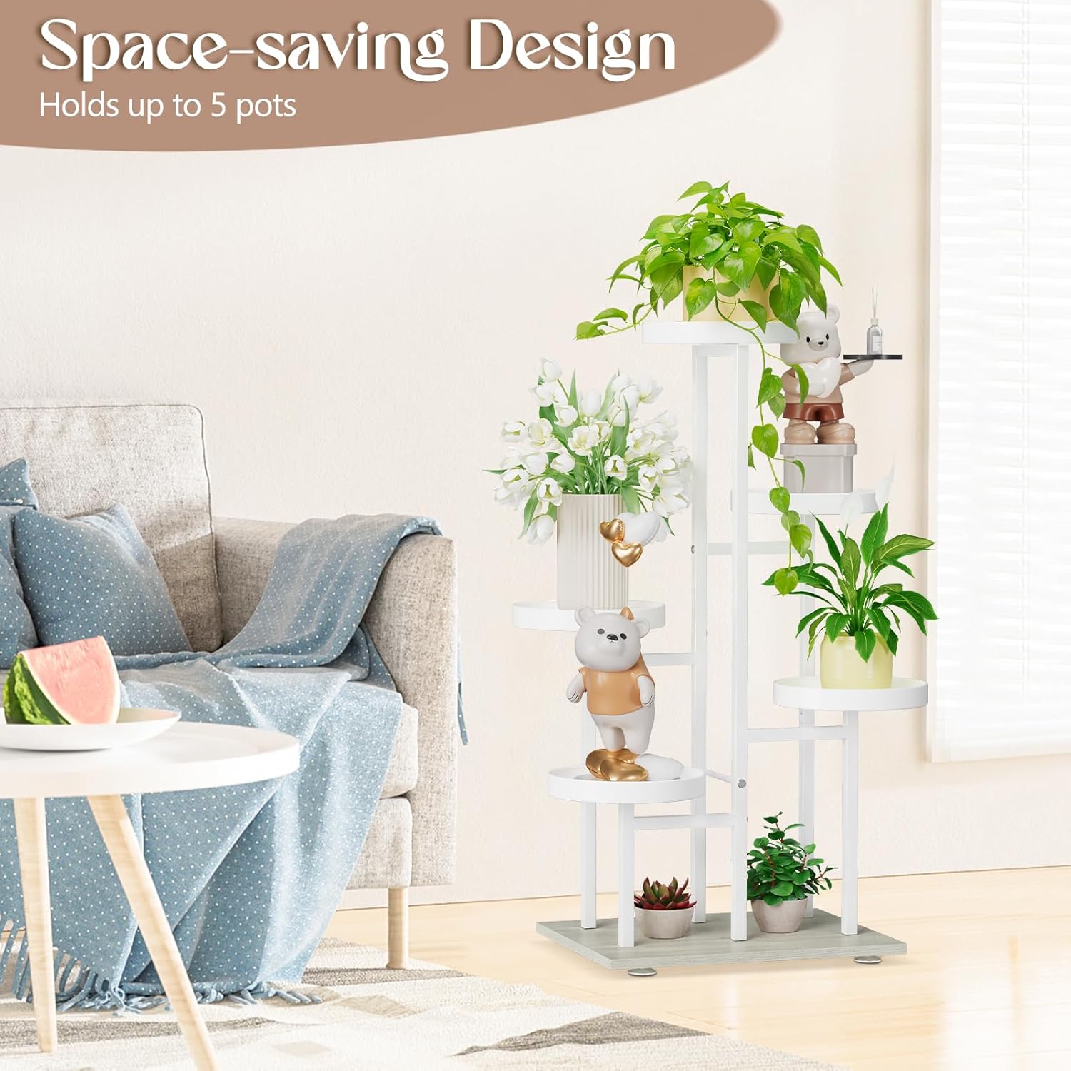 iDavosic.ly 5 Tier Plant Stand Indoor, Tiered Corner Flower Holder Shelf Outdoor, Metal Tall Orchid Display Rack for Patio Porch Garden Balcony Office Living Room, Space Saving, White