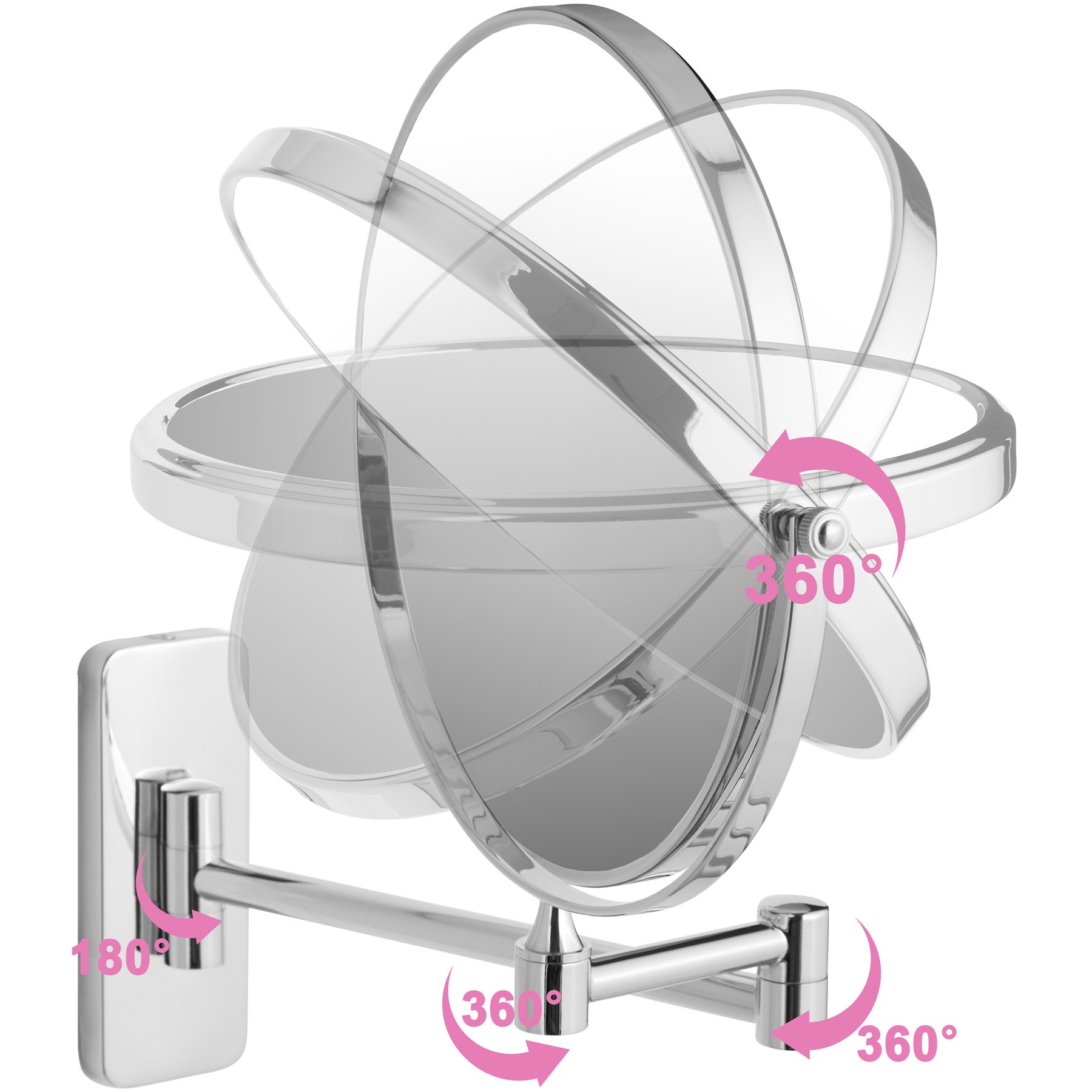 tectake® Specchio per Postazione Trucco ∅ 20 cm, Ingrandimento 7x, Specchio Ingranditore Inclinabile Estensibile a 360° in Acciaio Cromato, per Toeletta, Specchietto Trucchi Donna Bifacciale da Parete