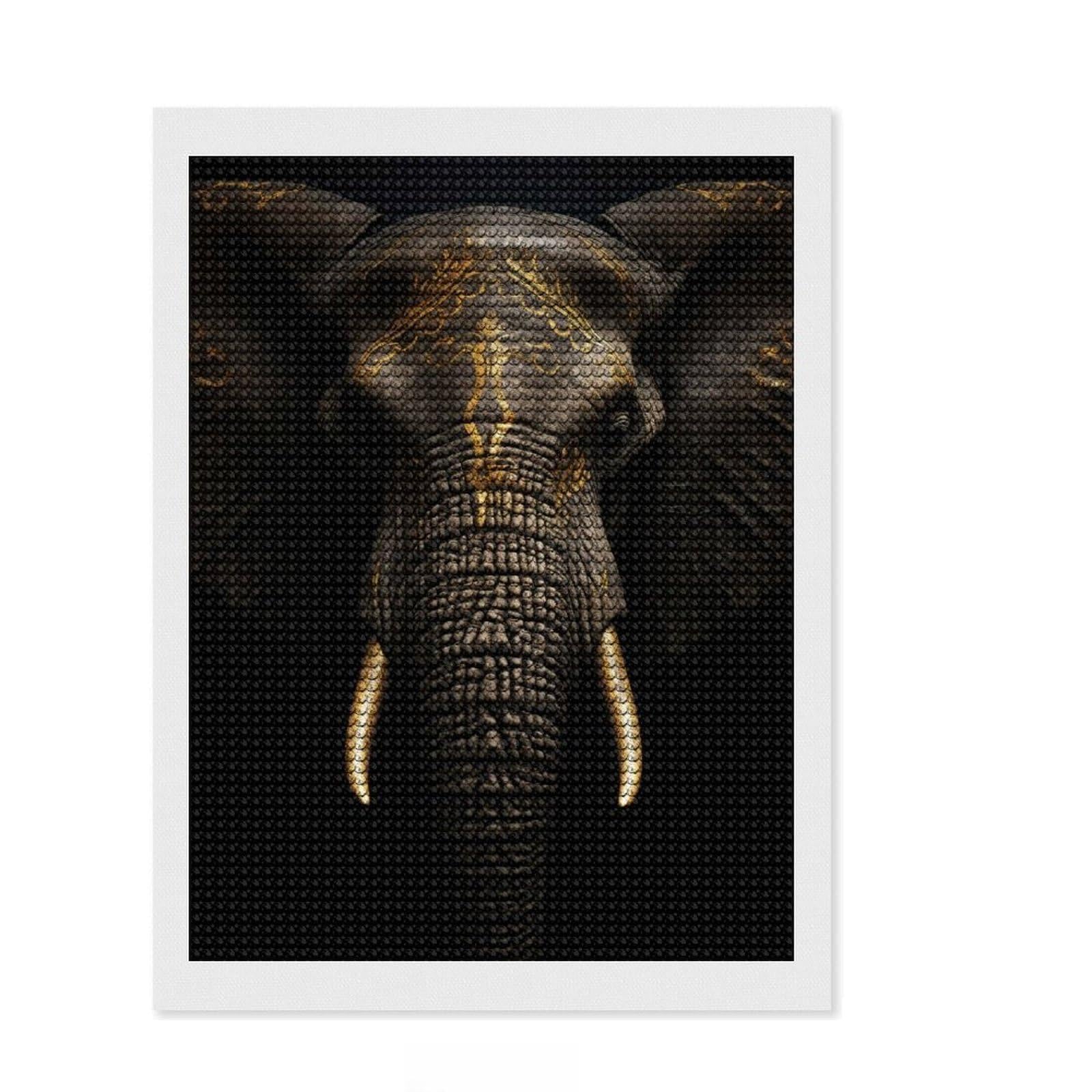 Junmoney Gold Dark Elephant Diamond Painting Canvas Set 12"x16", for Beginners, Nice Detail and Sparkle, Farmhouse Decor, Festive Craft Gift