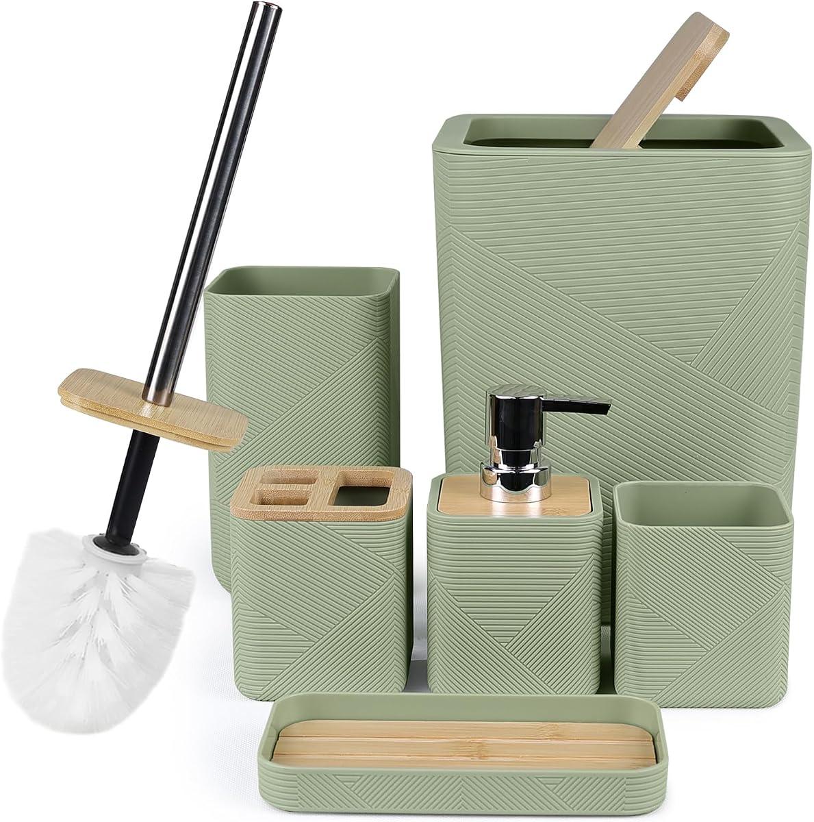 CERBIOR Bamboo Bathroom Accessories Set 6 Piece Square Spiral Set,Green | Includes Soap Dispenser, Toothbrush Holder, Toothbrush Cup, Soap Dish for Decorative Countertop and Housewarming Gift