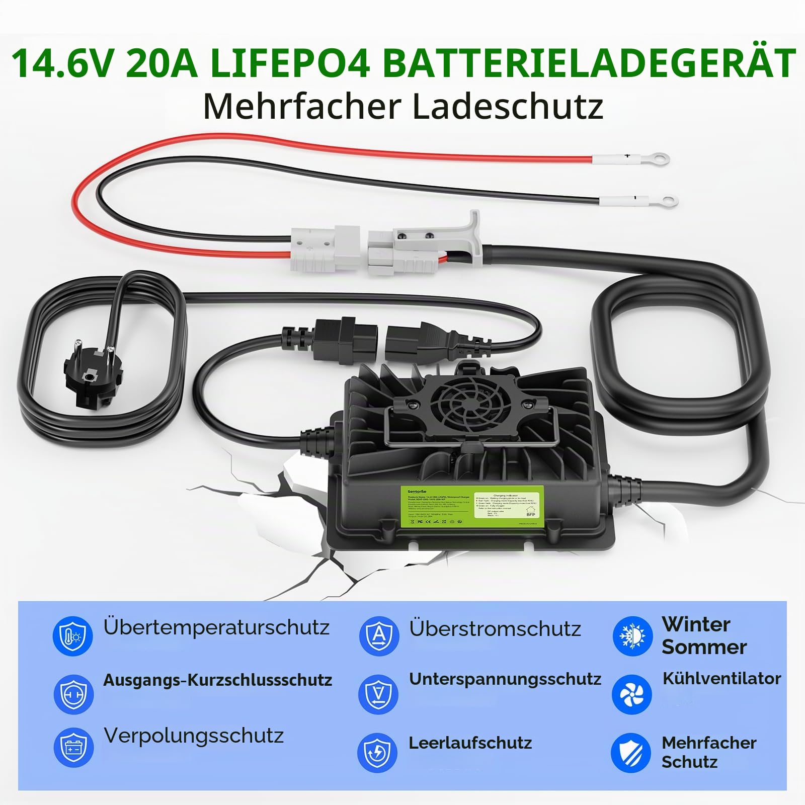 LiFePO4 Batterieladegerät, 14,6 V, 20 A, 0 V Aktivierung, IP65 Wasserdicht & Anderson-Stecker für Lithium-Batterie, Wohnmobil, Boot, isolierte Standorte und Solaranlagen
