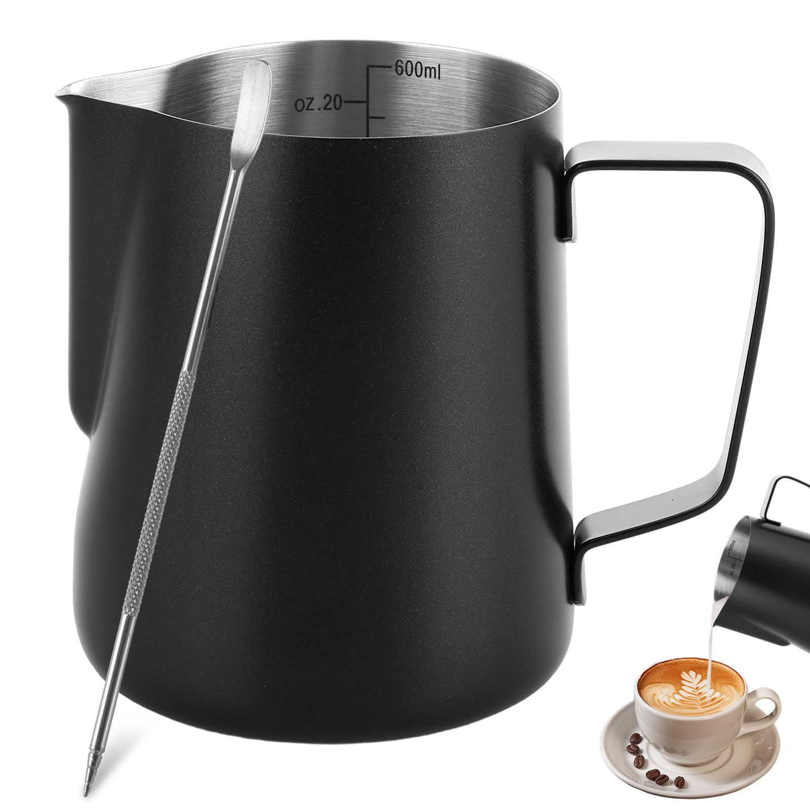 ASelected Mlik Jug 600Ml/20Oz Milk Frothing Pitcher Stainless Steel Milk Jug for Making Latte Art and Coffee Cappuccino,Suitable for Coffee Lovers, Silvery