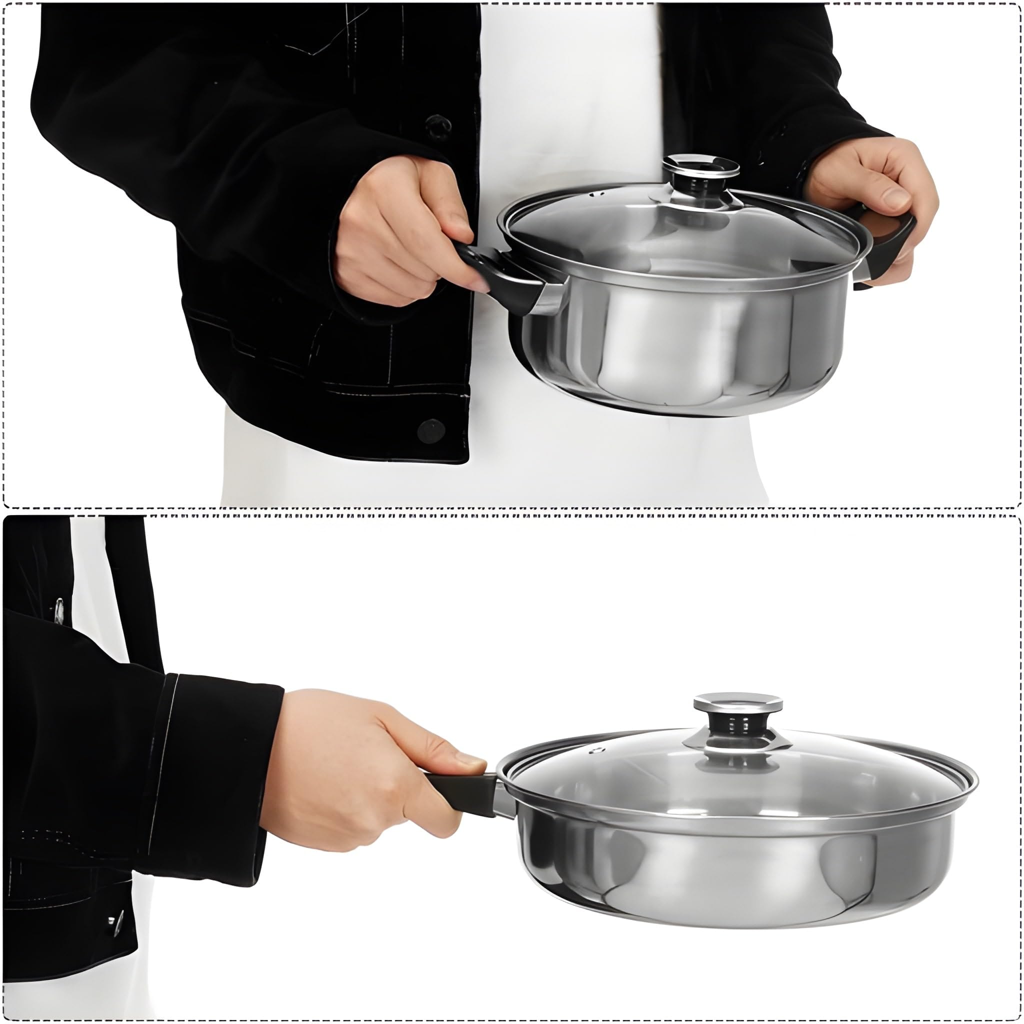 Pentole in Acciaio Inox Set da 12 Pezzi con Coperchi in Vetro Fondo a Induzione Batteria di Pentole e Padelle Bollilatte