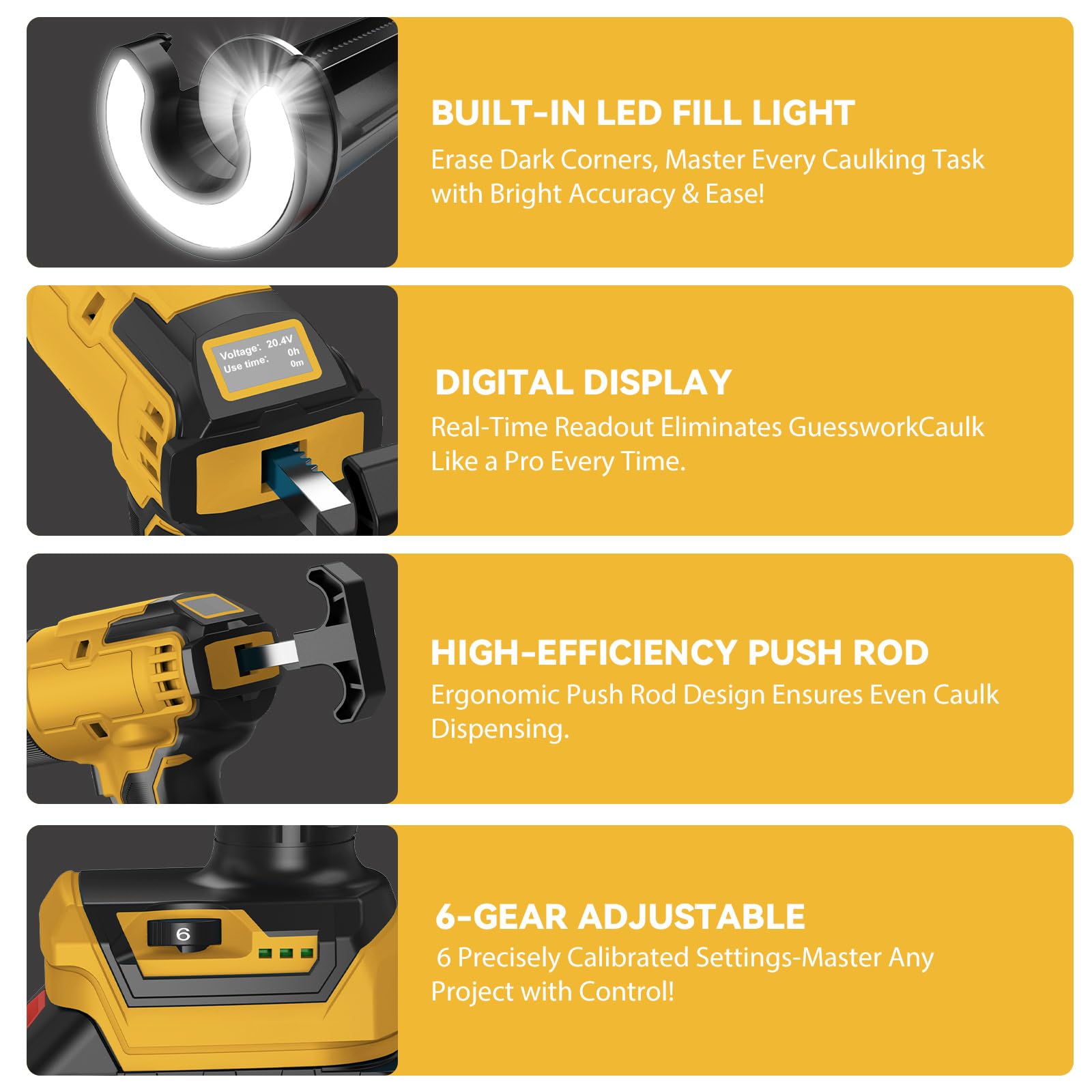Pistola de Silicona Eléctrica 21V con Luz LED Profesional | 6 Velocidades Regulables, Batería 1500 mAh,400 mm/min, Pantalla Digital,para reparar y aplicar silicona, masilla y sellador.