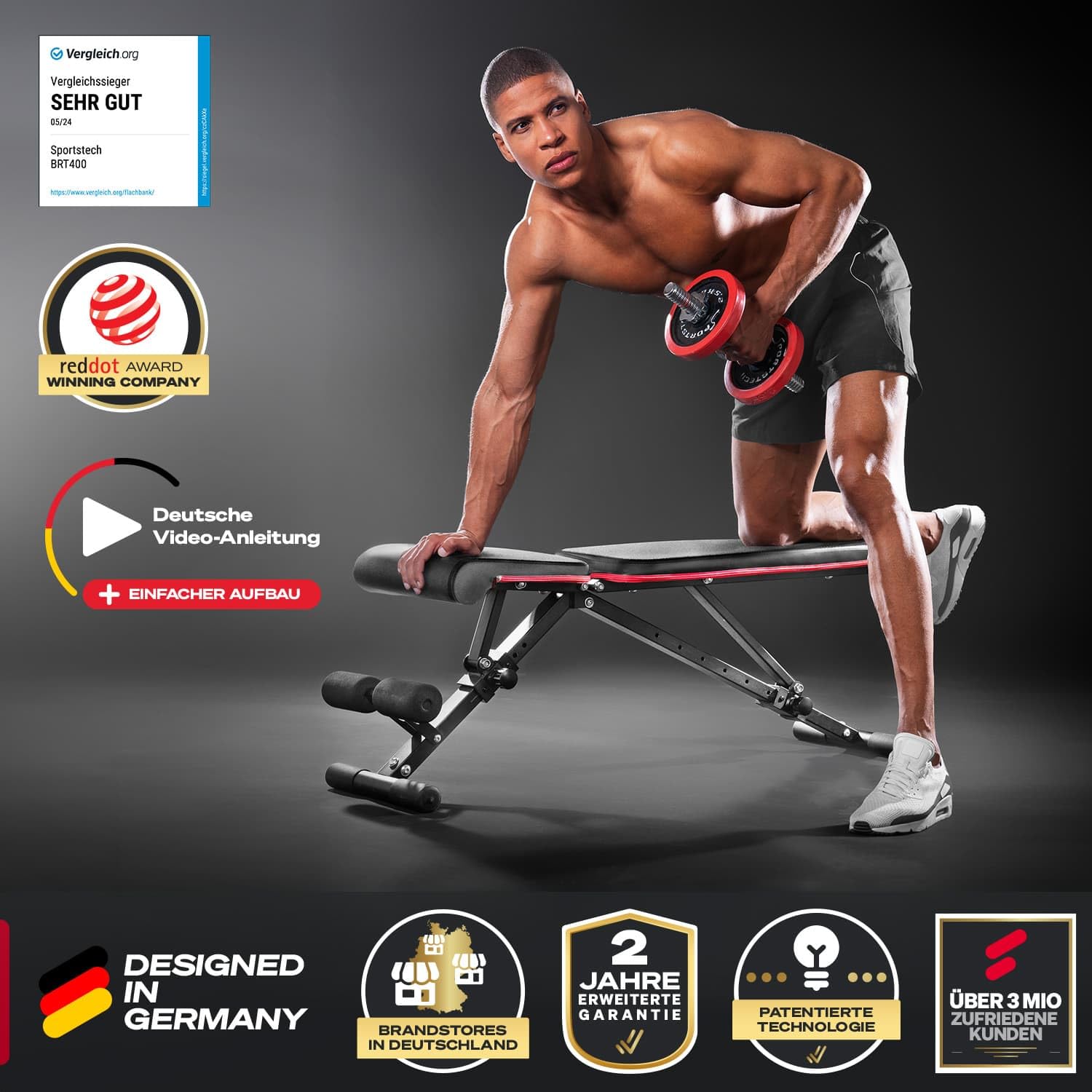 Sportstech Hantelbank – Faltbar, Hochwertig, Verstellbar, Schräg & Flach, 180 kg Belastbar – Fitnessgeräte für Zuhause, Bauchtrainer für Zuhause & Mehr als 40 Kombinationen | BRT400
