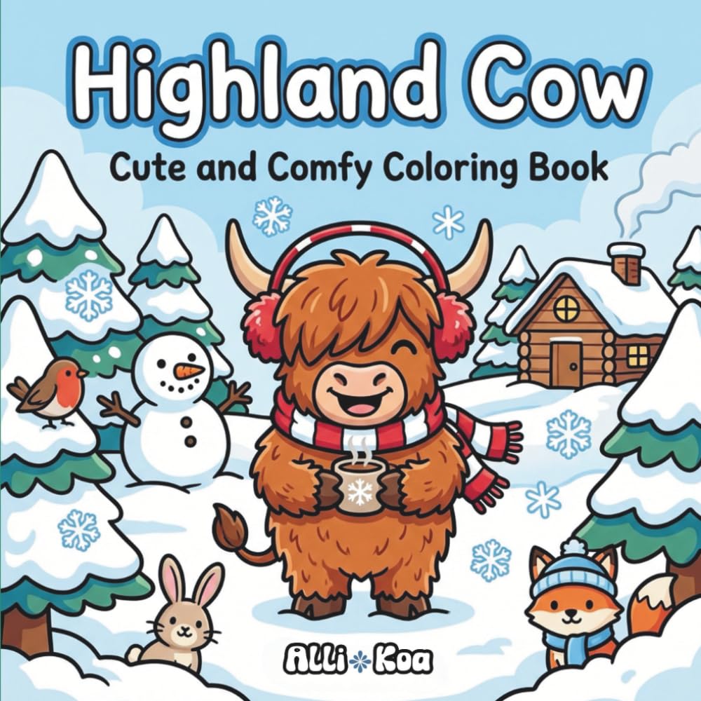 Highland Cow Cute And Comfy Coloring Book: For Adults And Kids, 40 Bold and Easy Cozy Winter Coloring Pages For Stress Relief and Relaxation