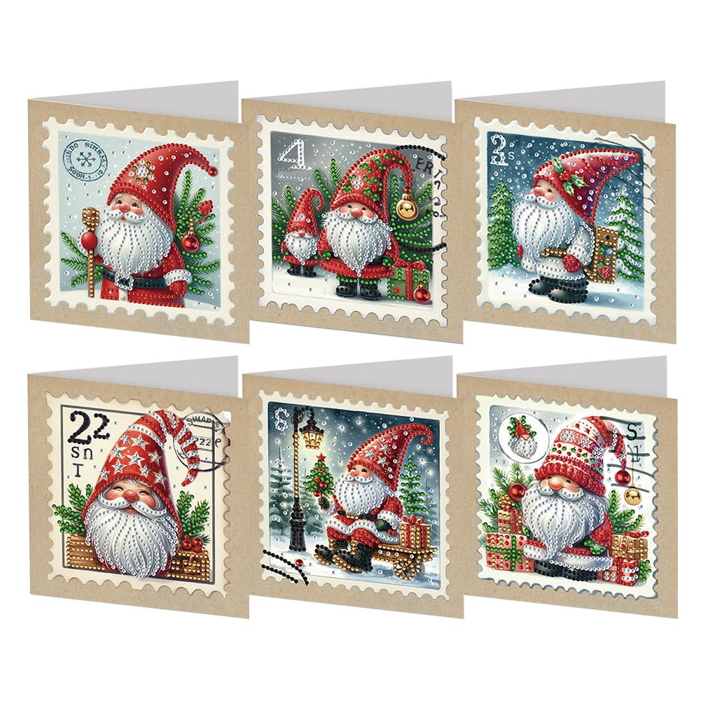RuiDay5D DIY Diamond Art Christmas Cards, 2024 New Diamond Art Cards with Christmas Elements, 6Pcs Christmas Cards, Creative Diamond Art Cards for Xmas Birthday (Gnome Stamp)