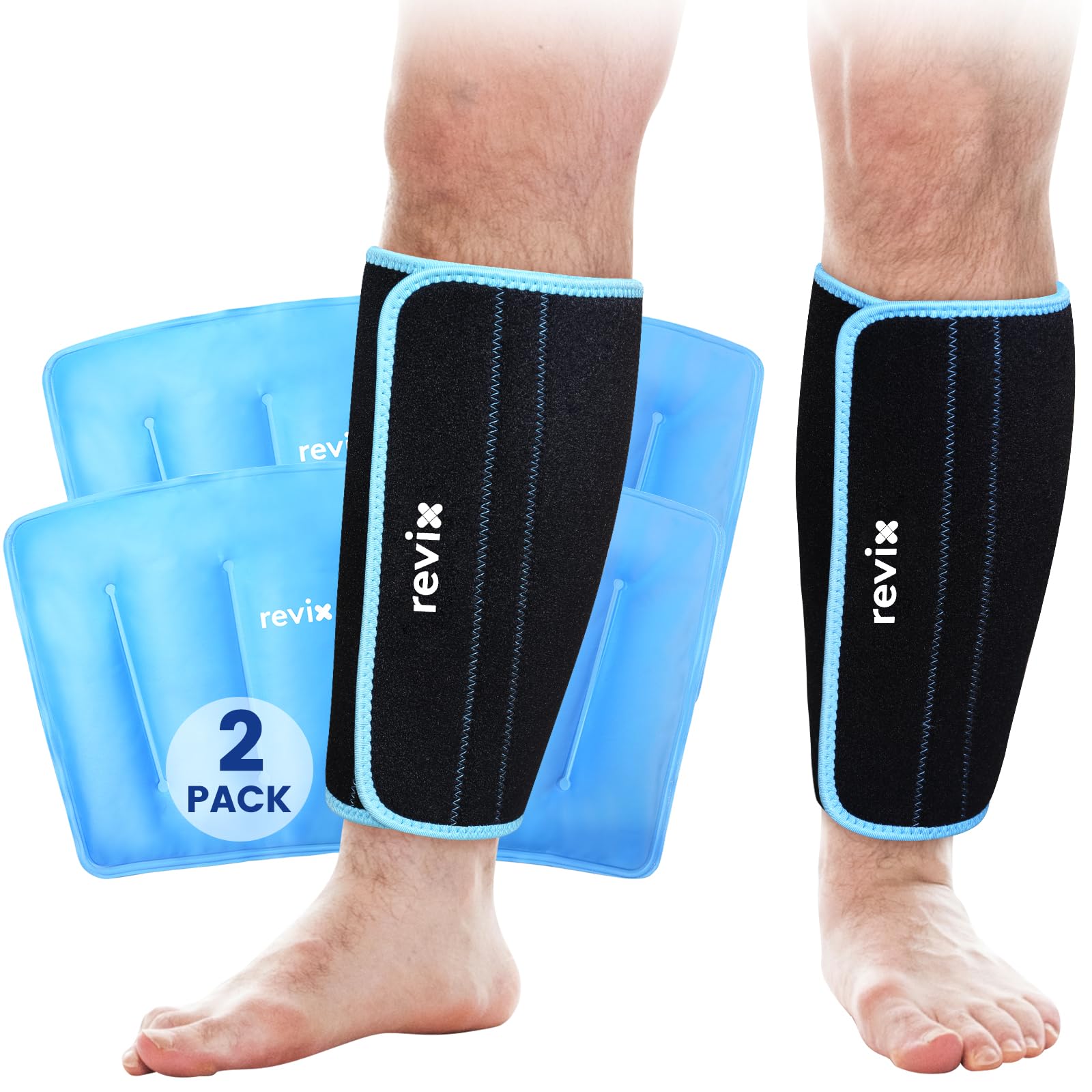 REVIX XL Shin Ice Packs Reusable Gel Cold Pack for Calf Leg Elbow Discomfort Relief, Calf Ice Wrap Cold Therapy Compression Sleeve Promotes Post-Workout Recovery, Set of 2