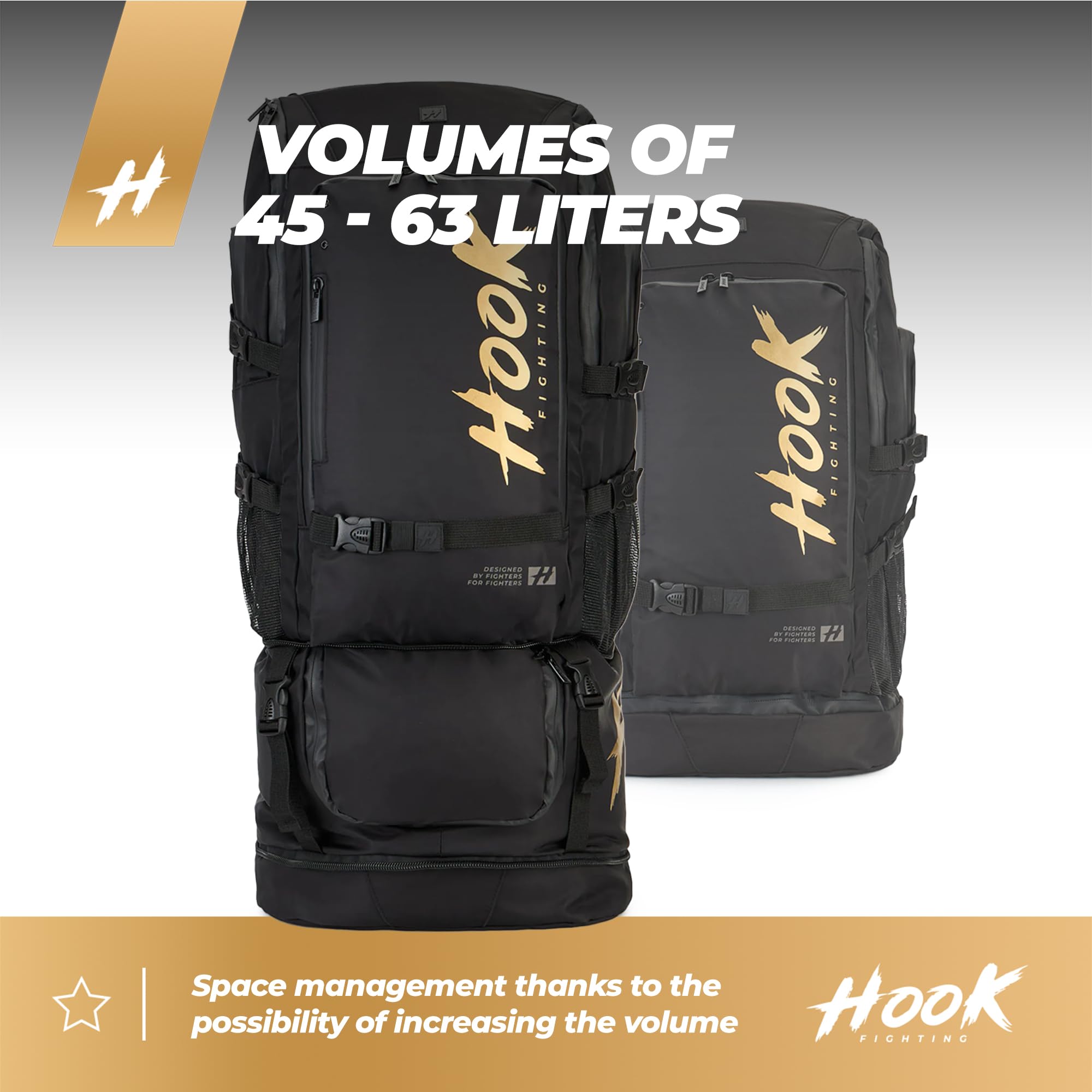 HOOK FIGHTNG COMPETITION Sport Rucksack in Schwarz mit einem Fassungsvermögen von 45/63 Litern Schutz vor Feuchtigkeit Belüftete und thermoaktive Tasche/Fitness Rucksack Verstellbares Volumen Stabilit