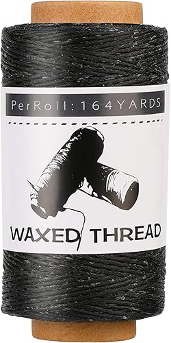 Jupean Hilo encerado, hilo de coser de cuero negro de 492.1 ft /164 yardas, hilos de costura a mano para coser a mano, encuadernación y