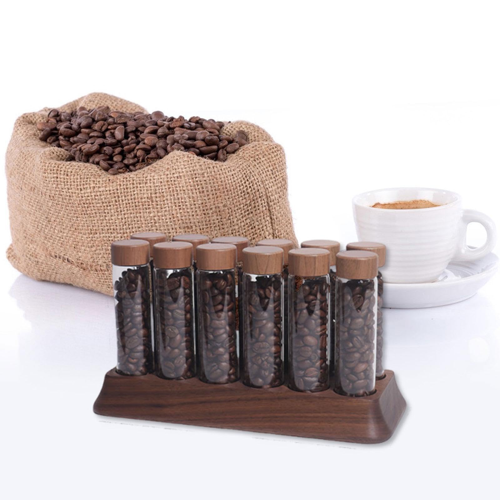 Homyl 12 Stück Kaffee Bohnenbehälter Aufbewahrungsröhren mit Trichter Glas Vorratsdosen Luftdicht mit Holzdeckel für Frischhaltung für Kaffeezubereitung Ges, 12 L