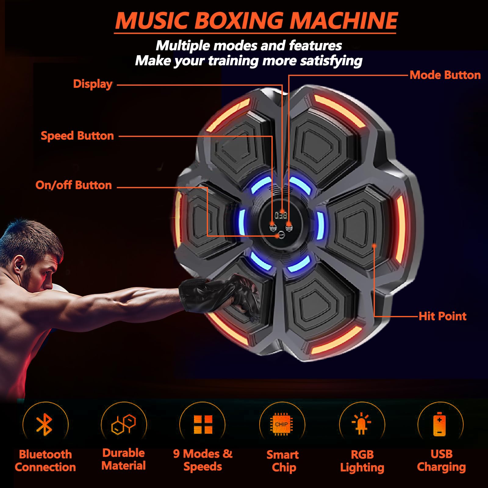 VHV Machine de Boxe Musicale, Machine de Boxe Musicale Adulte, 9 Modes de Vitesse Cible Boxe Mural Musique - Comptage Intelligent et Bluetooth Musicboxing pour Enfants Entraînement à la Maison