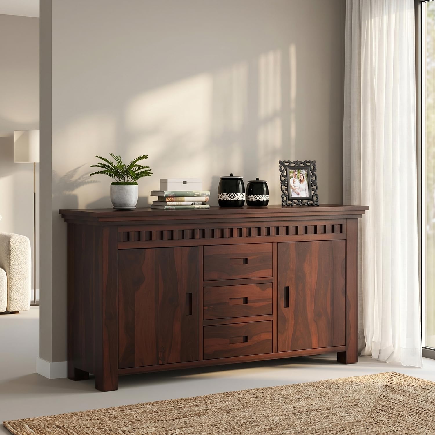 Amazon Brand - Solimo Solid Sheesham Wood Kuber Sideboard Storage Cabinet with 3 Drawer and 2 Door Storage for Living Room, Home, Office and Kitchen (Walnut Finish)