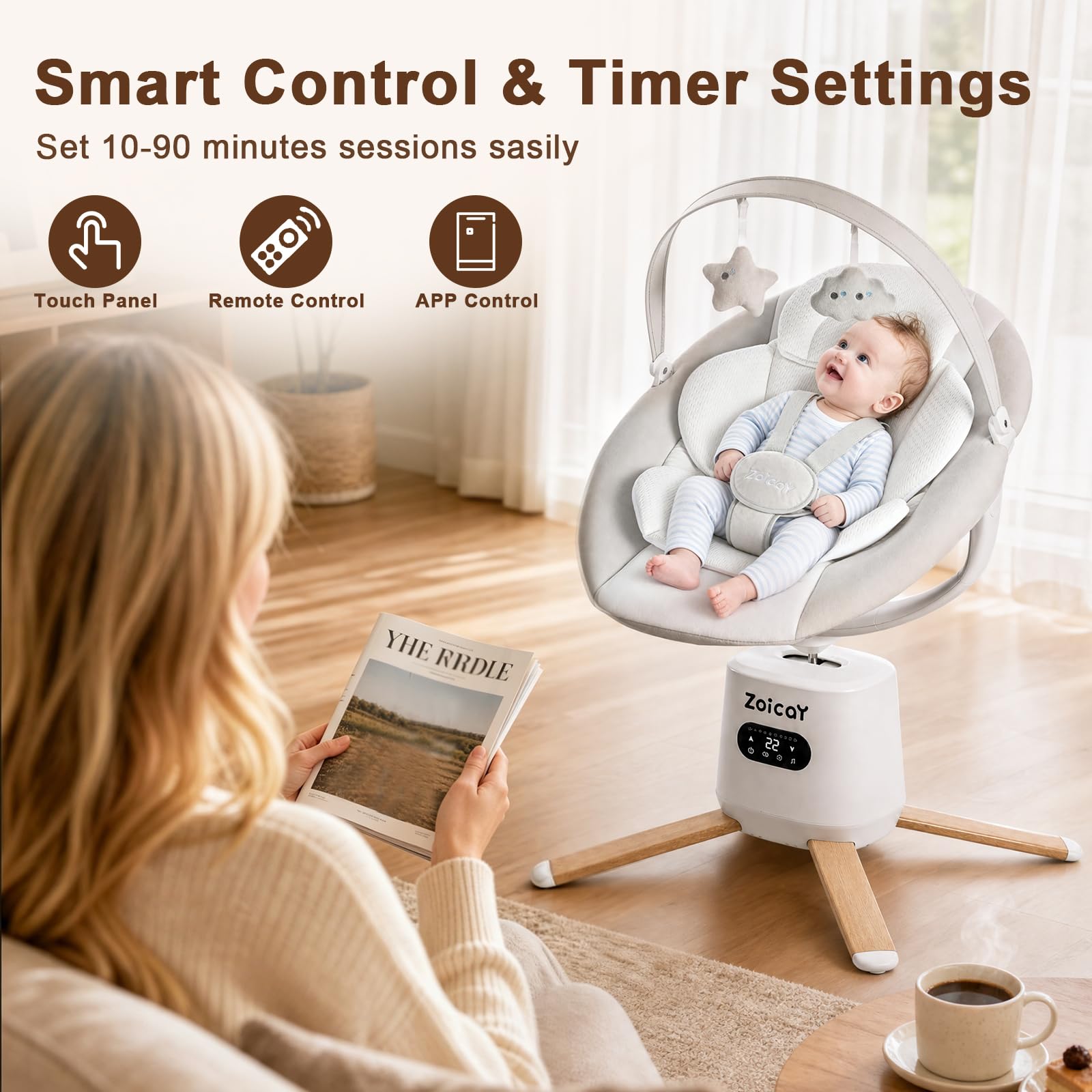 Balancelle Bébé Electrique Zoicay Transat Bébé Electrique 9 Modes avec Siège réglable Fonction de Timing et de Musique, Balancelle pour bébé Télécommande Bluetooth et Contrôle Tactile (Blanc)