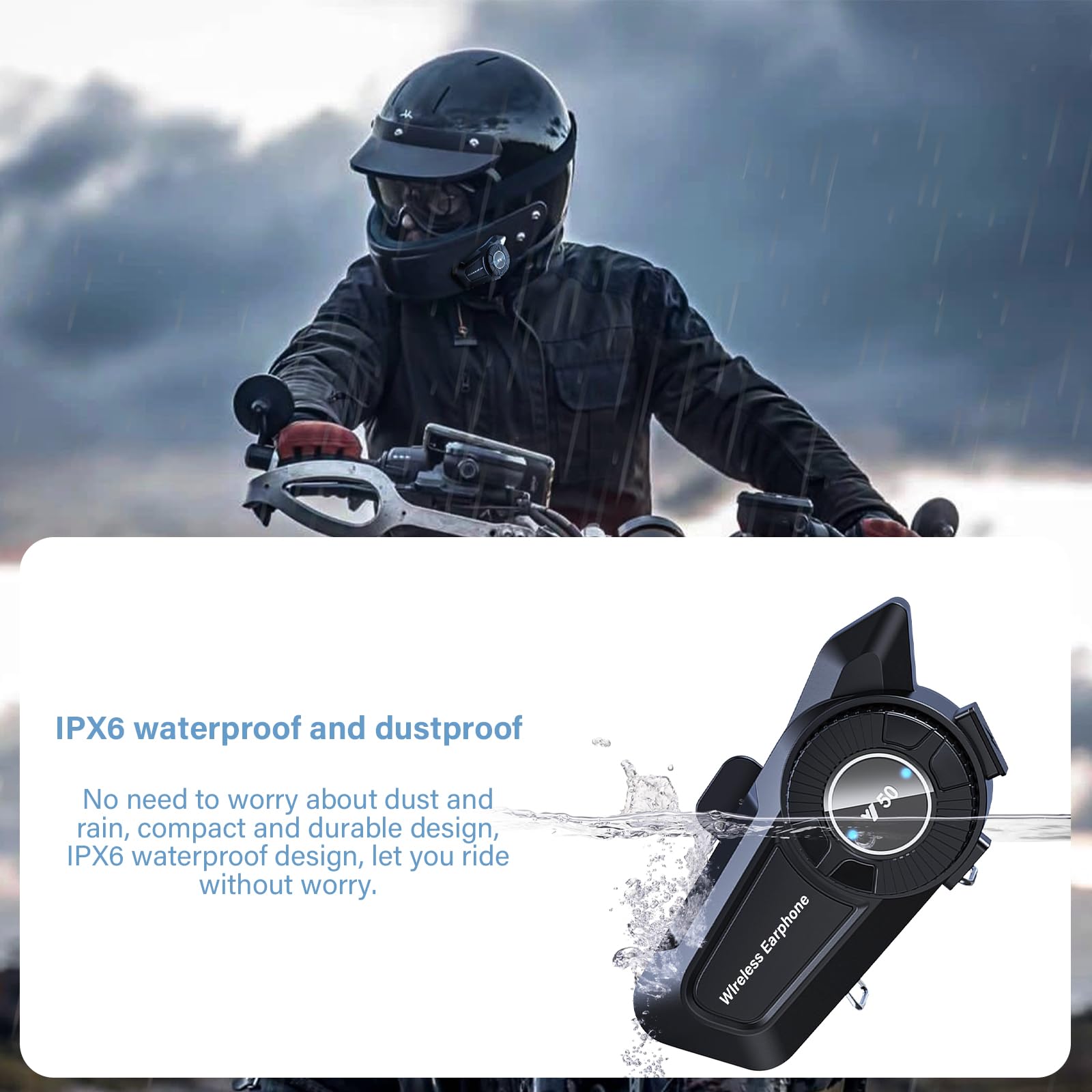 Intercom Moto Appareil Bluetooth à Molette pour Motos Suppression Bruit DSP&CVC/IPX6 Étanche/Chaîne Hi-Fi/Micro Wireless 5.3 Réponse Automatique Assistant AI Compatible Tous les Casques 1800mAH